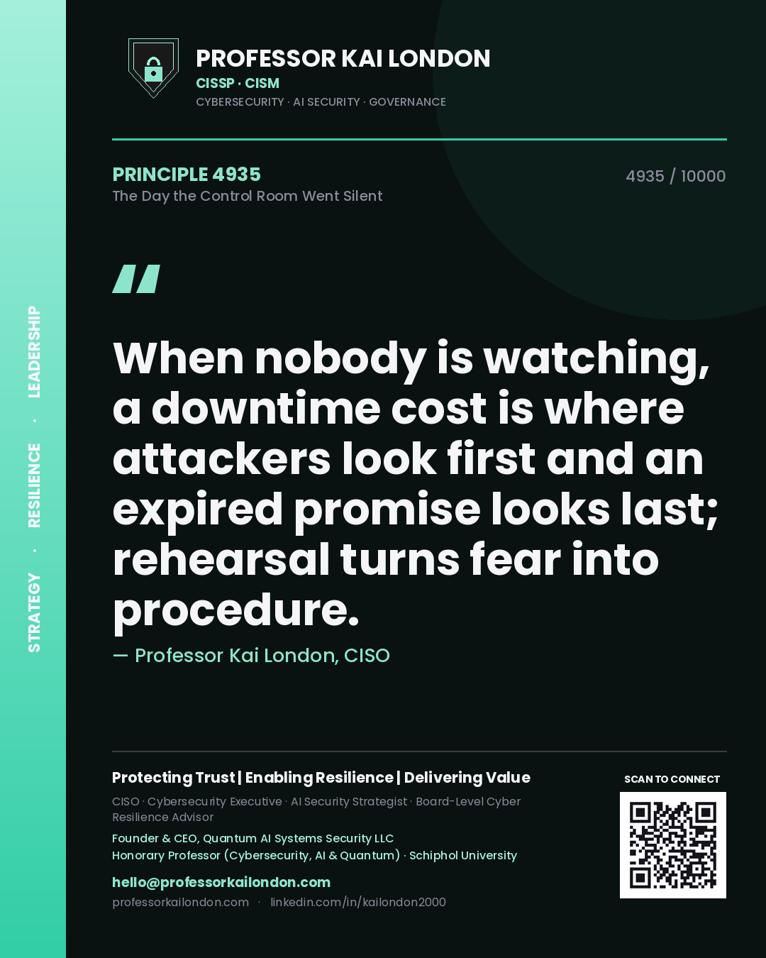 Quote card by Professor Kai London reading 'When nobody is watching, a downtime cost is where attackers look first and an expired promise looks last; rehearsal turns fear into procedure.'. From the book The Day the Control Room Went Silent.