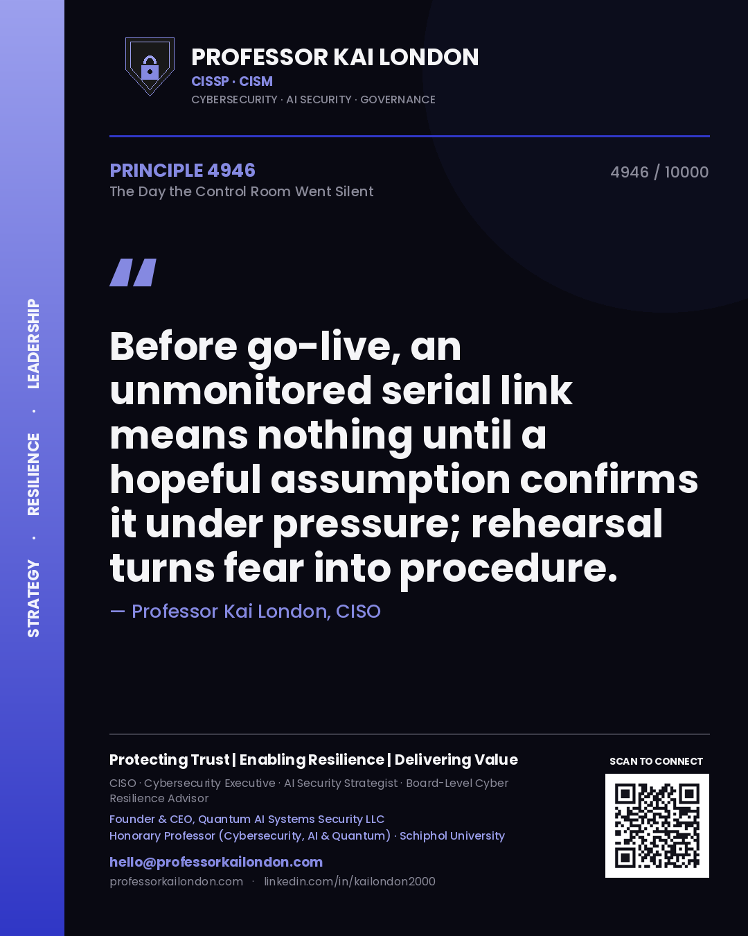 Quote card by Professor Kai London reading 'Before go-live, an unmonitored serial link means nothing until a hopeful assumption confirms it under pressure; rehearsal turns fear into procedure.'. From the book The Day the Control Room Went Silent.