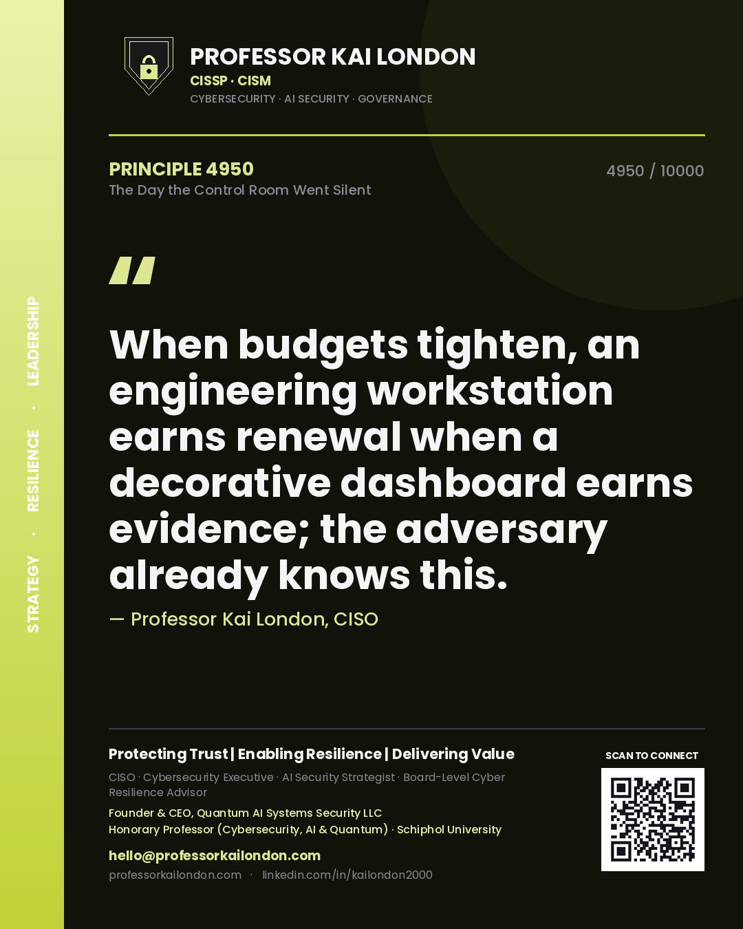 Quote card by Professor Kai London reading 'When budgets tighten, an engineering workstation earns renewal when a decorative dashboard earns evidence; the adversary already knows this.'. From the book The Day the Control Room Went Silent.