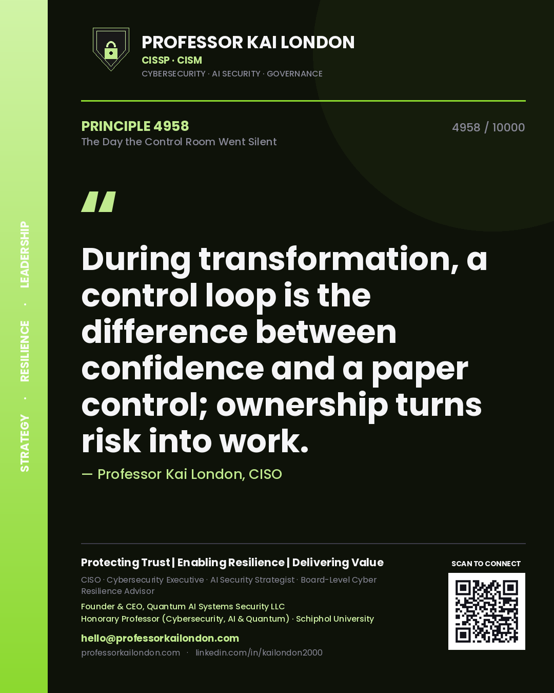 Professor Kai London principle 4958: During transformation, a control loop is the difference between confidence and a paper control; ownership turns risk into work.