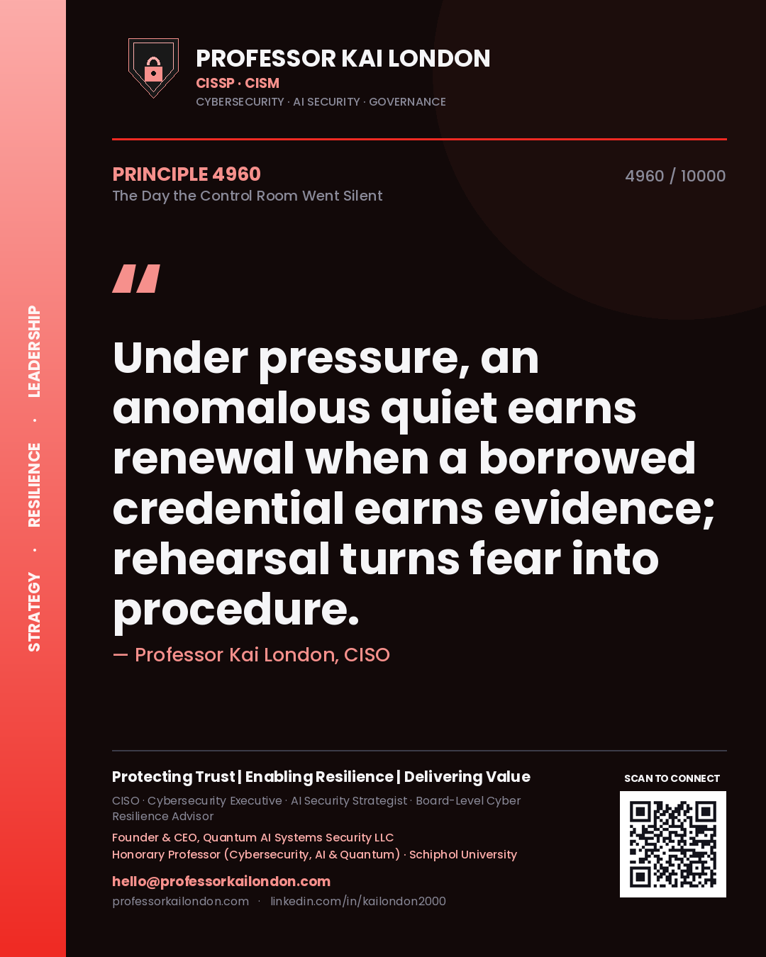 Quote card by Professor Kai London reading 'Under pressure, an anomalous quiet earns renewal when a borrowed credential earns evidence; rehearsal turns fear into procedure.'. From the book The Day the Control Room Went Silent.