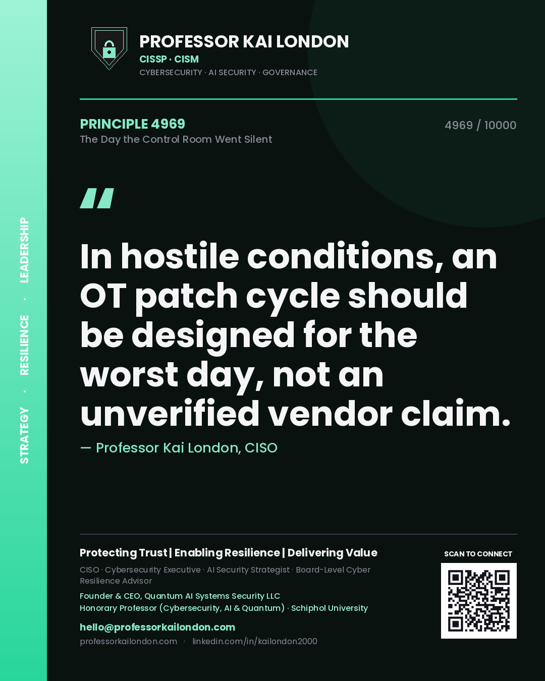 Quote card by Professor Kai London reading 'In hostile conditions, an OT patch cycle should be designed for the worst day, not an unverified vendor claim.'. From the book The Day the Control Room Went Silent.