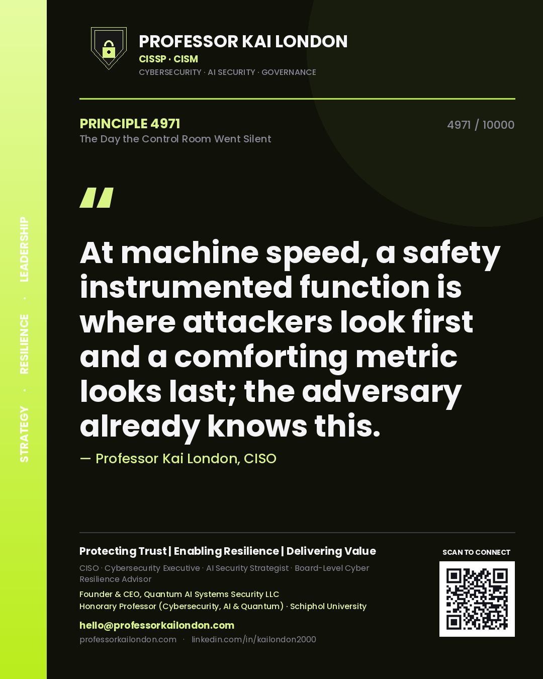 Quote card by Professor Kai London reading 'At machine speed, a safety instrumented function is where attackers look first and a comforting metric looks last; the adversary already knows this.'. From the book The Day the Control Room Went Silent.
