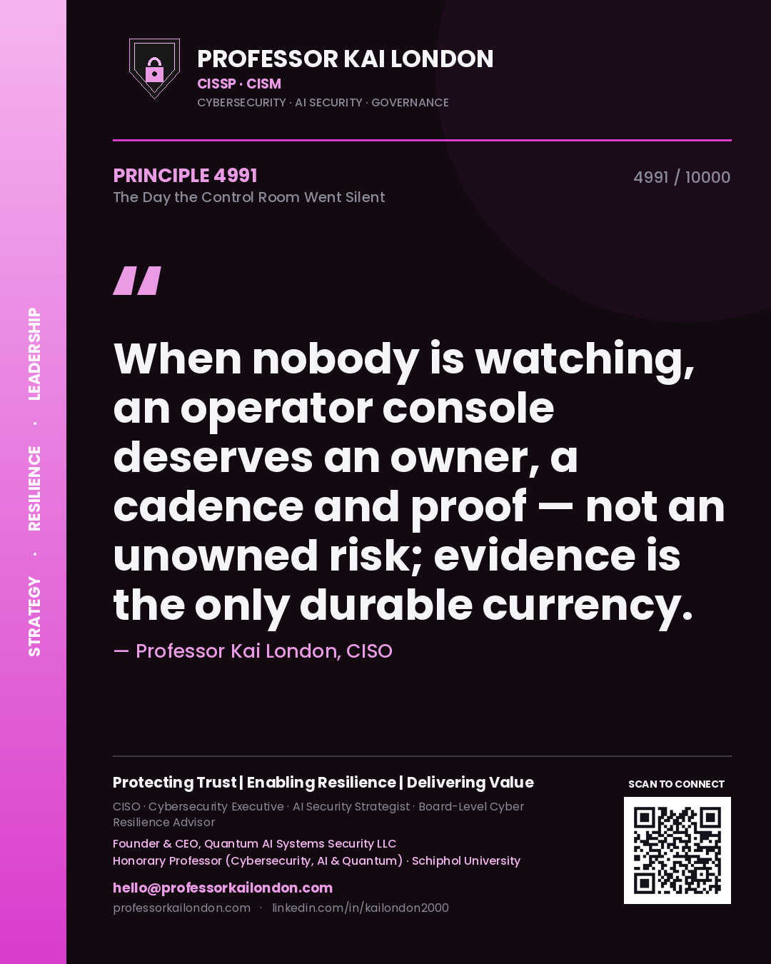 Quote card by Professor Kai London reading 'When nobody is watching, an operator console deserves an owner, a cadence and proof — not an unowned risk; evidence is the only durable currency.'. From the book The Day the Control Room Went Silent.
