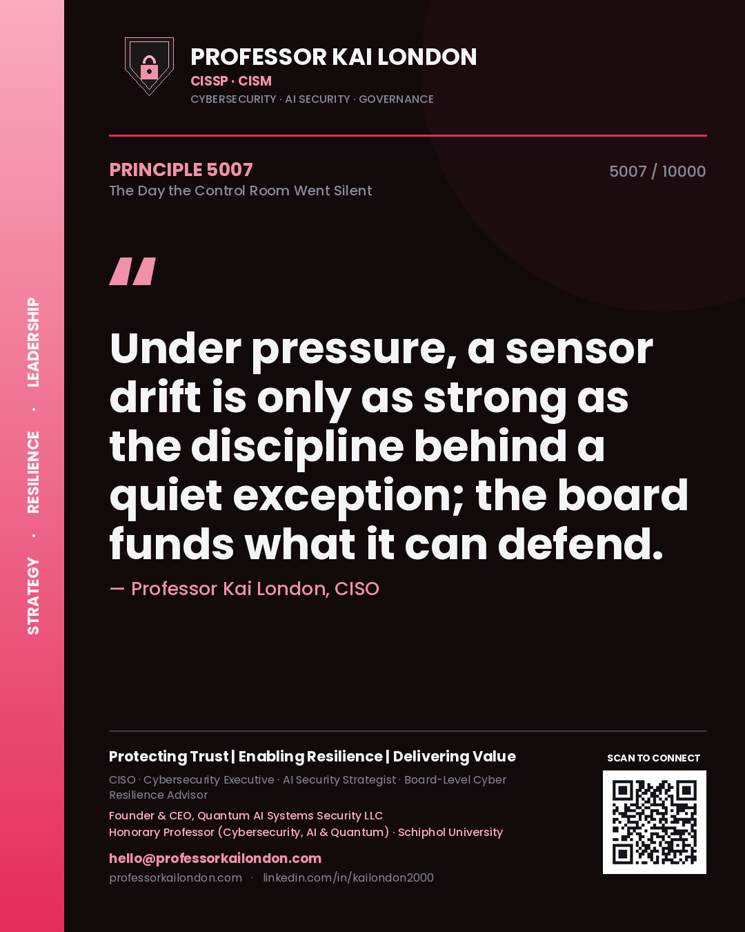 Quote card by Professor Kai London reading 'Under pressure, a sensor drift is only as strong as the discipline behind a quiet exception; the board funds what it can defend.'. From the book The Day the Control Room Went Silent.