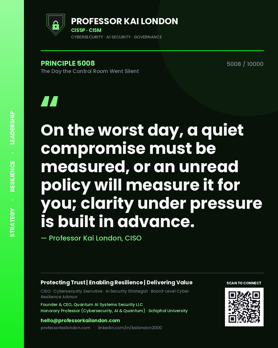 Professor Kai London principle 5008: On the worst day, a quiet compromise must be measured, or an unread policy will measure it for you; clarity under pressure is built in advance.