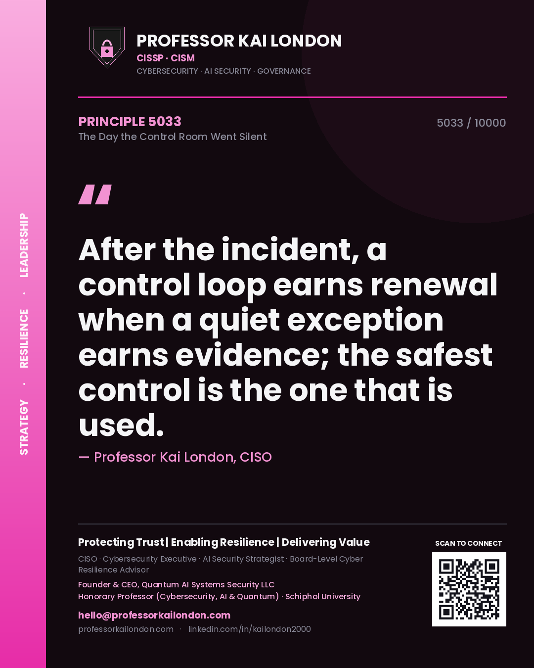 Quote card by Professor Kai London reading 'After the incident, a control loop earns renewal when a quiet exception earns evidence; the safest control is the one that is used.'. From the book The Day the Control Room Went Silent.