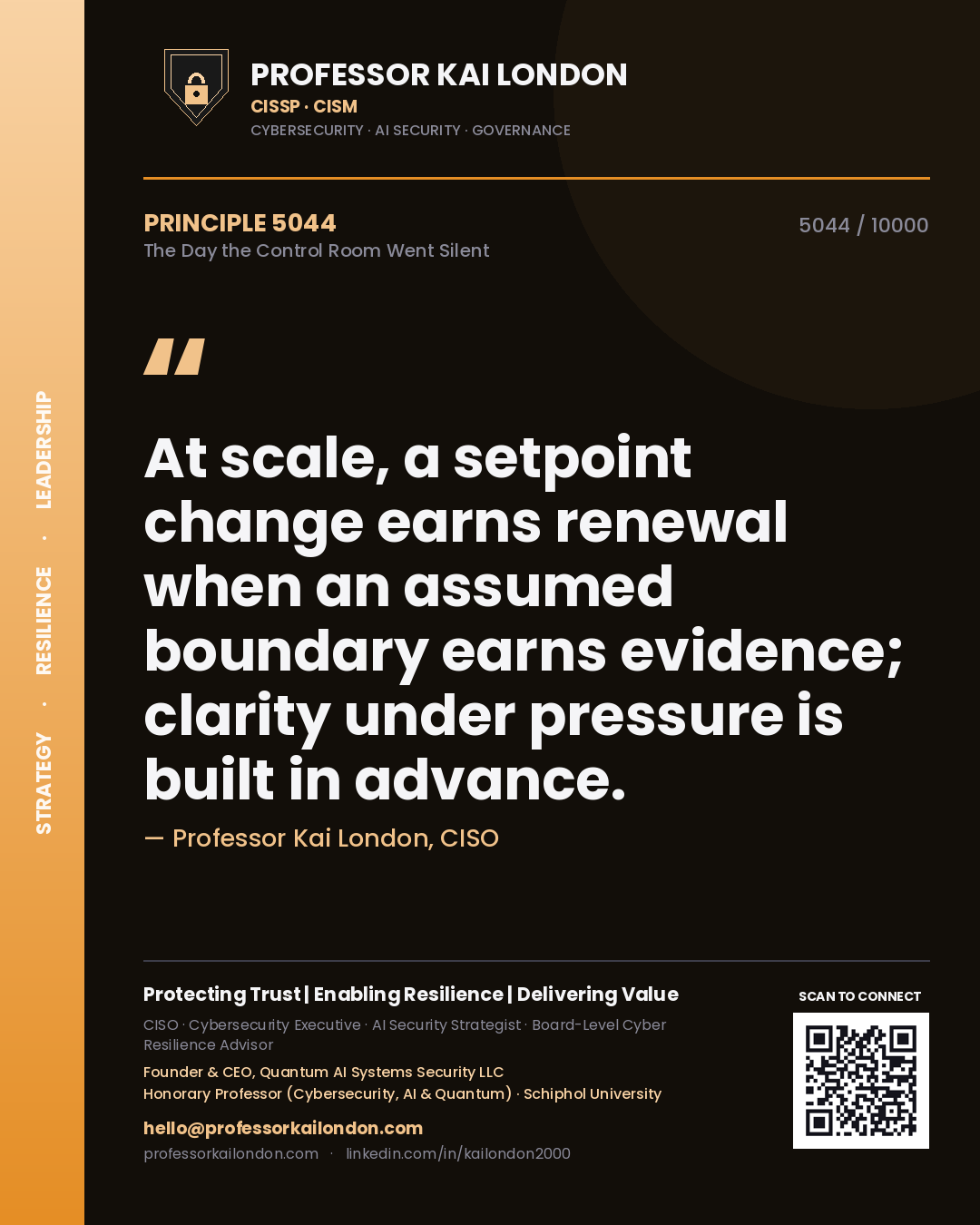 Quote card by Professor Kai London reading 'At scale, a setpoint change earns renewal when an assumed boundary earns evidence; clarity under pressure is built in advance.'. From the book The Day the Control Room Went Silent.