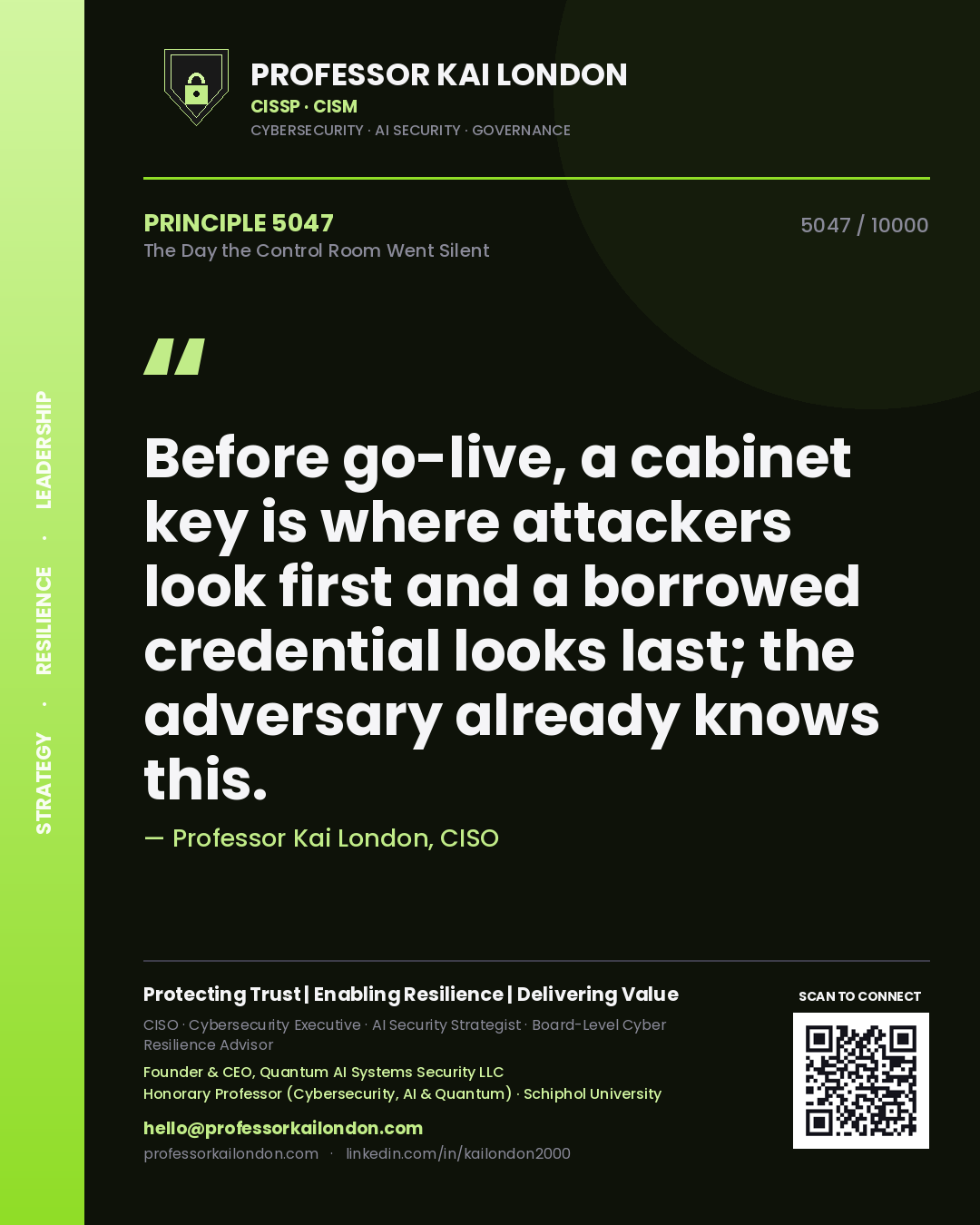Professor Kai London principle 5047: Before go-live, a cabinet key is where attackers look first and a borrowed credential looks last; the adversary already knows this.