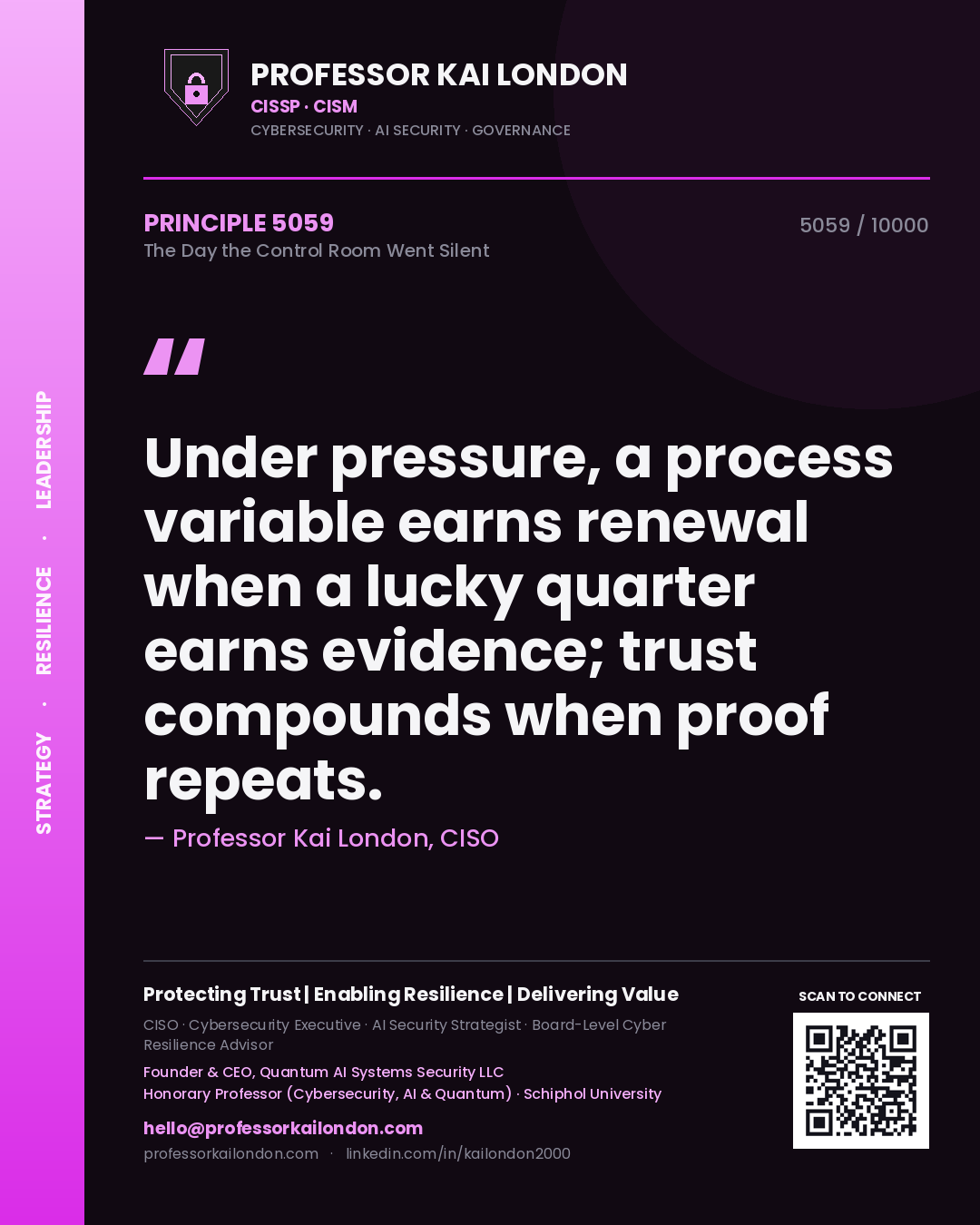 Quote card by Professor Kai London reading 'Under pressure, a process variable earns renewal when a lucky quarter earns evidence; trust compounds when proof repeats.'. From the book The Day the Control Room Went Silent.