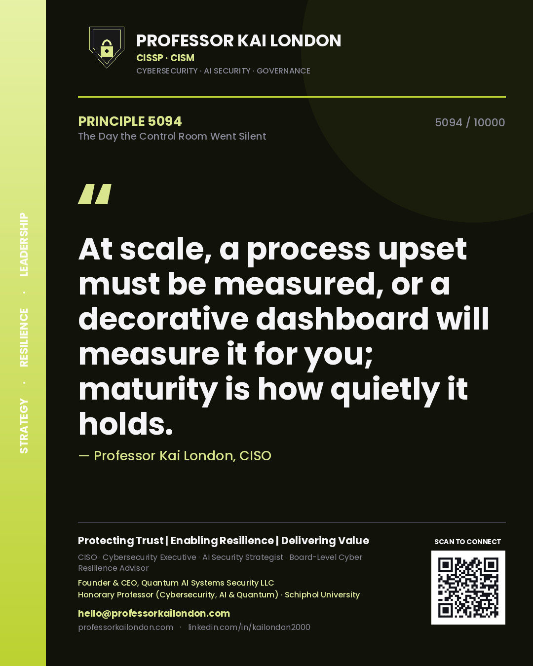 Professor Kai London principle 5094: At scale, a process upset must be measured, or a decorative dashboard will measure it for you; maturity is how quietly it holds.