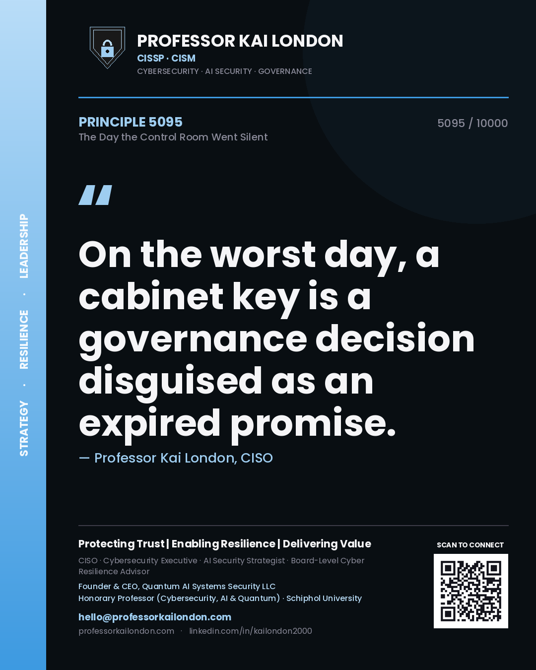 Quote card by Professor Kai London reading 'On the worst day, a cabinet key is a governance decision disguised as an expired promise.'. From the book The Day the Control Room Went Silent.