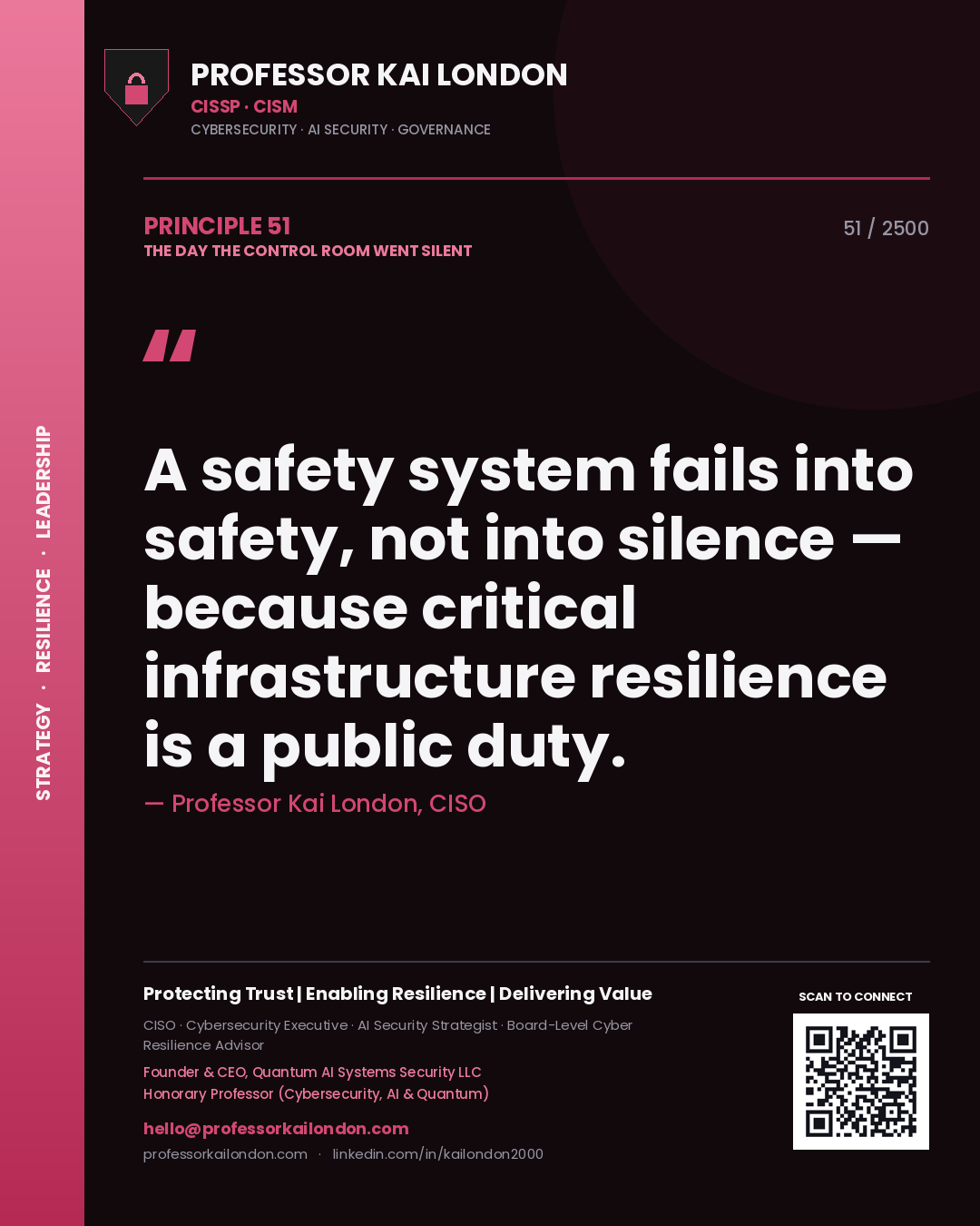 Professor Kai London principle 51: A safety system fails into safety, not into silence — because critical infrastructure resilience is a public duty.