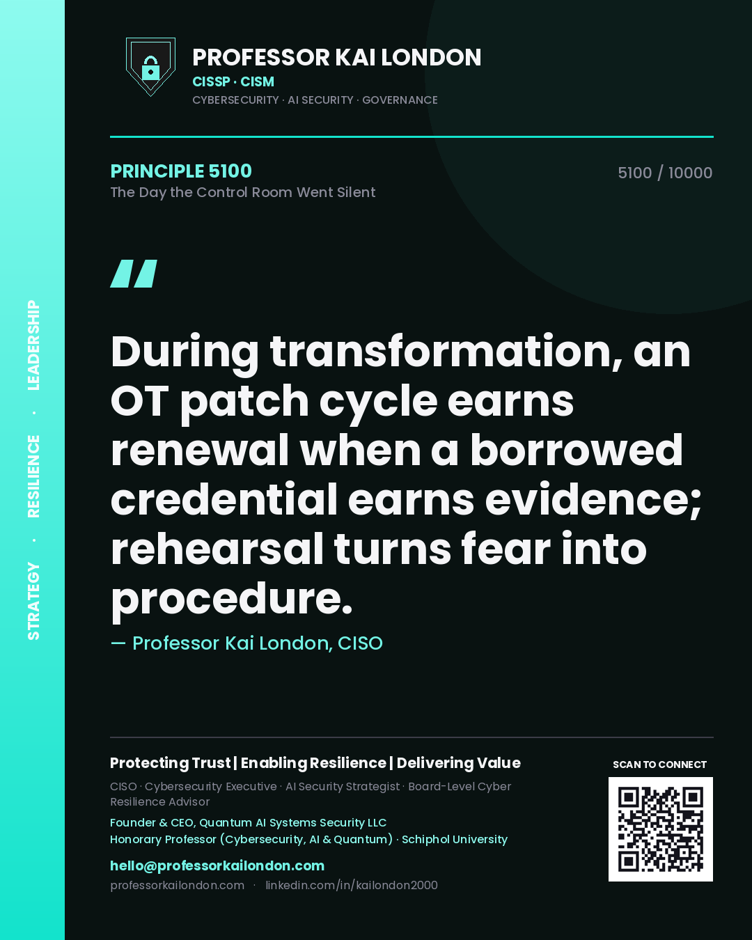 Quote card by Professor Kai London reading 'During transformation, an OT patch cycle earns renewal when a borrowed credential earns evidence; rehearsal turns fear into procedure.'. From the book The Day the Control Room Went Silent.