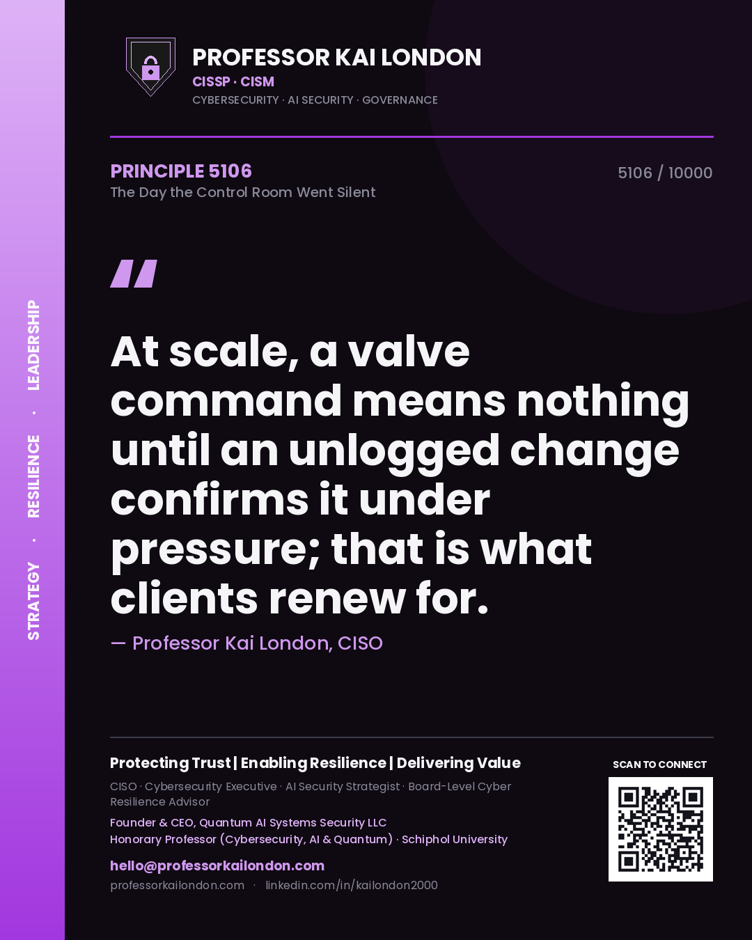Professor Kai London principle 5106: At scale, a valve command means nothing until an unlogged change confirms it under pressure; that is what clients renew for.