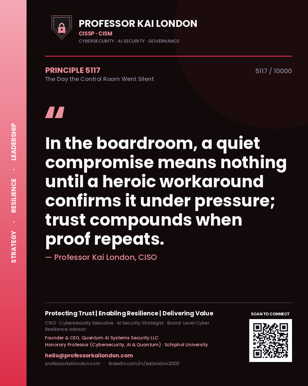 Quote card by Professor Kai London reading 'In the boardroom, a quiet compromise means nothing until a heroic workaround confirms it under pressure; trust compounds when proof repeats.'. From the book The Day the Control Room Went Silent.
