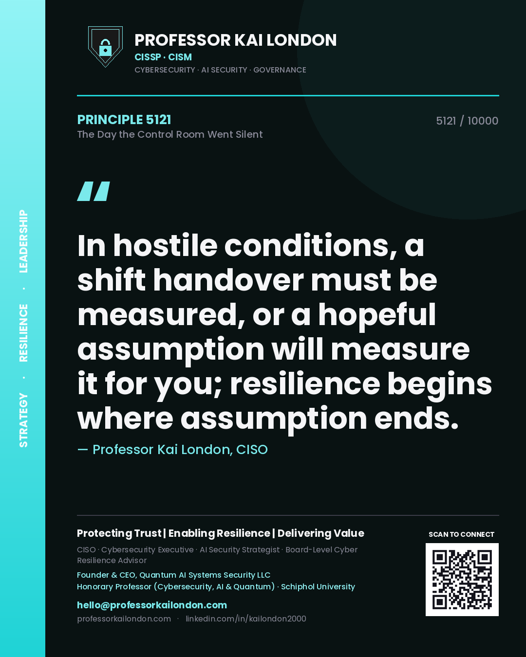 Quote card by Professor Kai London reading 'In hostile conditions, a shift handover must be measured, or a hopeful assumption will measure it for you; resilience begins where assumption ends.'. From the book The Day the Control Room Went Silent.