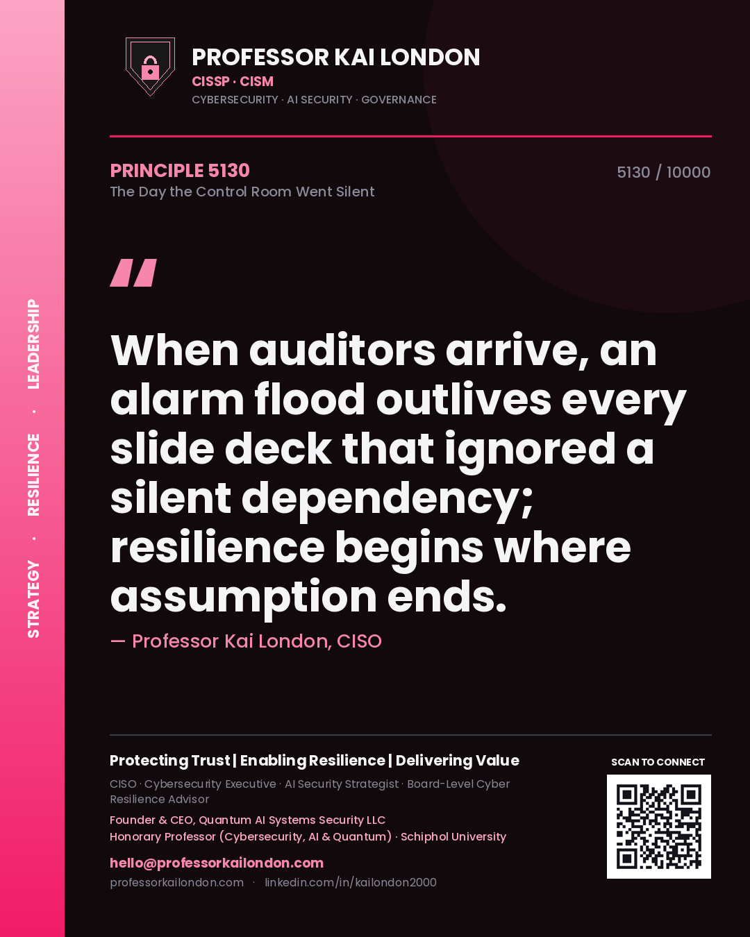 Quote card by Professor Kai London reading 'When auditors arrive, an alarm flood outlives every slide deck that ignored a silent dependency; resilience begins where assumption ends.'. From the book The Day the Control Room Went Silent.