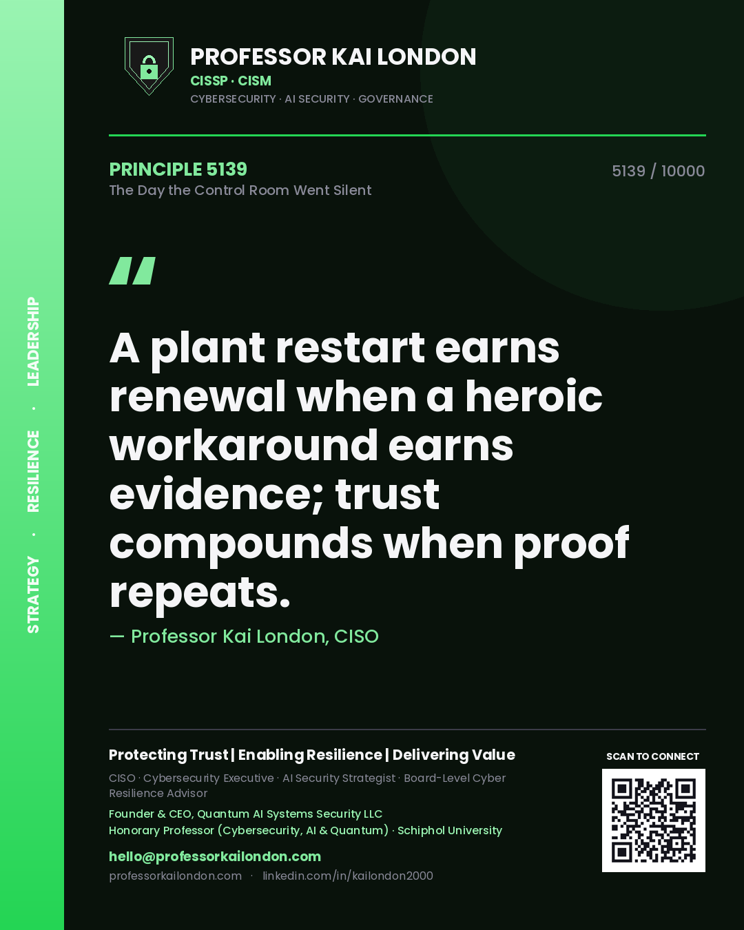 Quote card by Professor Kai London reading 'A plant restart earns renewal when a heroic workaround earns evidence; trust compounds when proof repeats.'. From the book The Day the Control Room Went Silent.