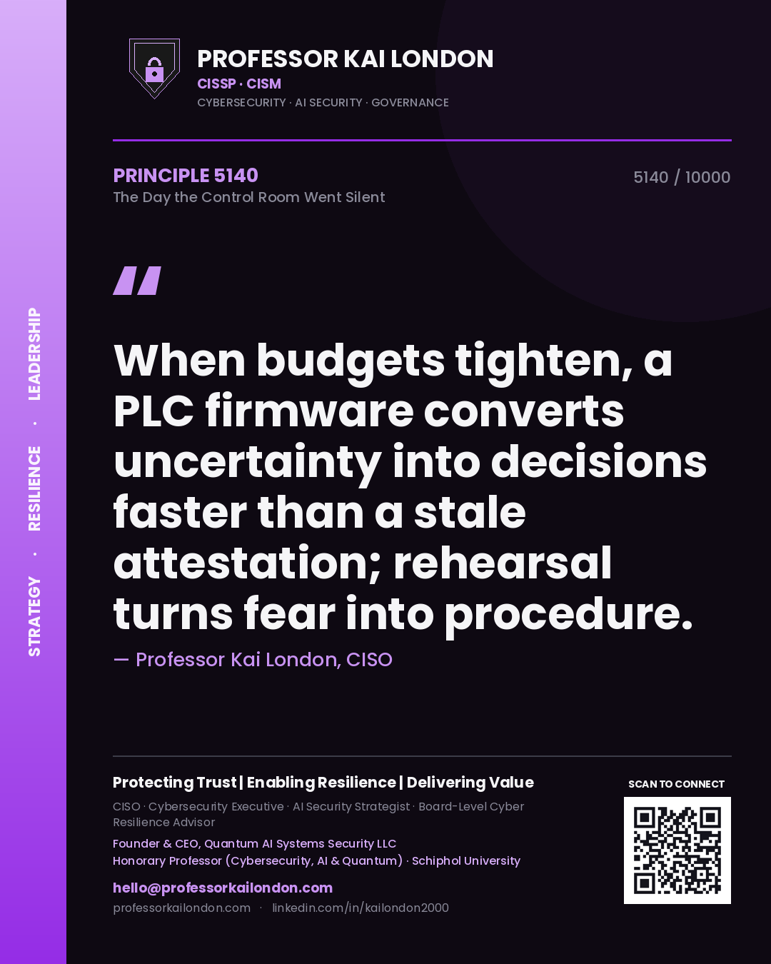 Quote card by Professor Kai London reading 'When budgets tighten, a PLC firmware converts uncertainty into decisions faster than a stale attestation; rehearsal turns fear into procedure.'. From the book The Day the Control Room Went Silent.