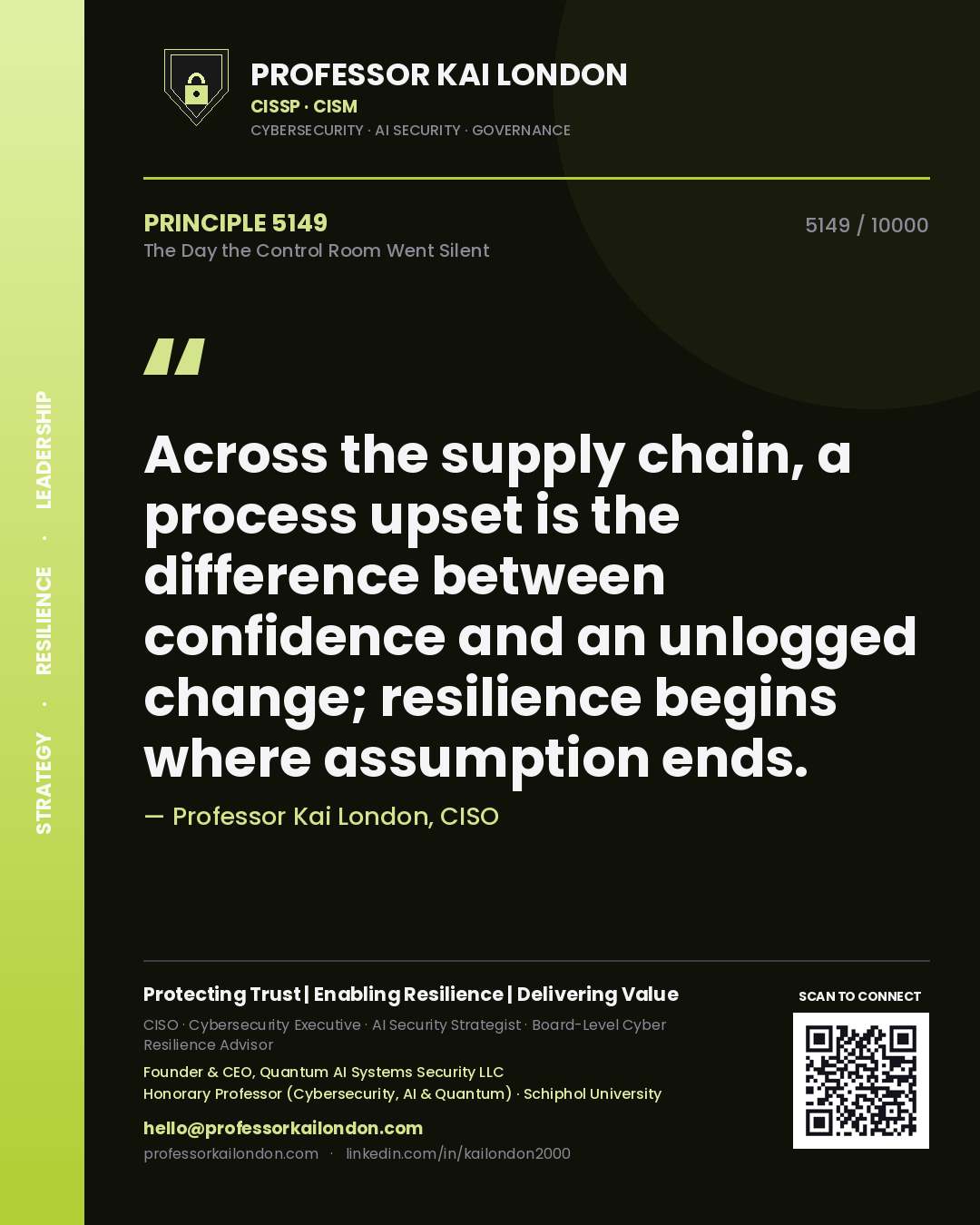 Professor Kai London principle 5149: Across the supply chain, a process upset is the difference between confidence and an unlogged change; resilience begins where assumption ends.