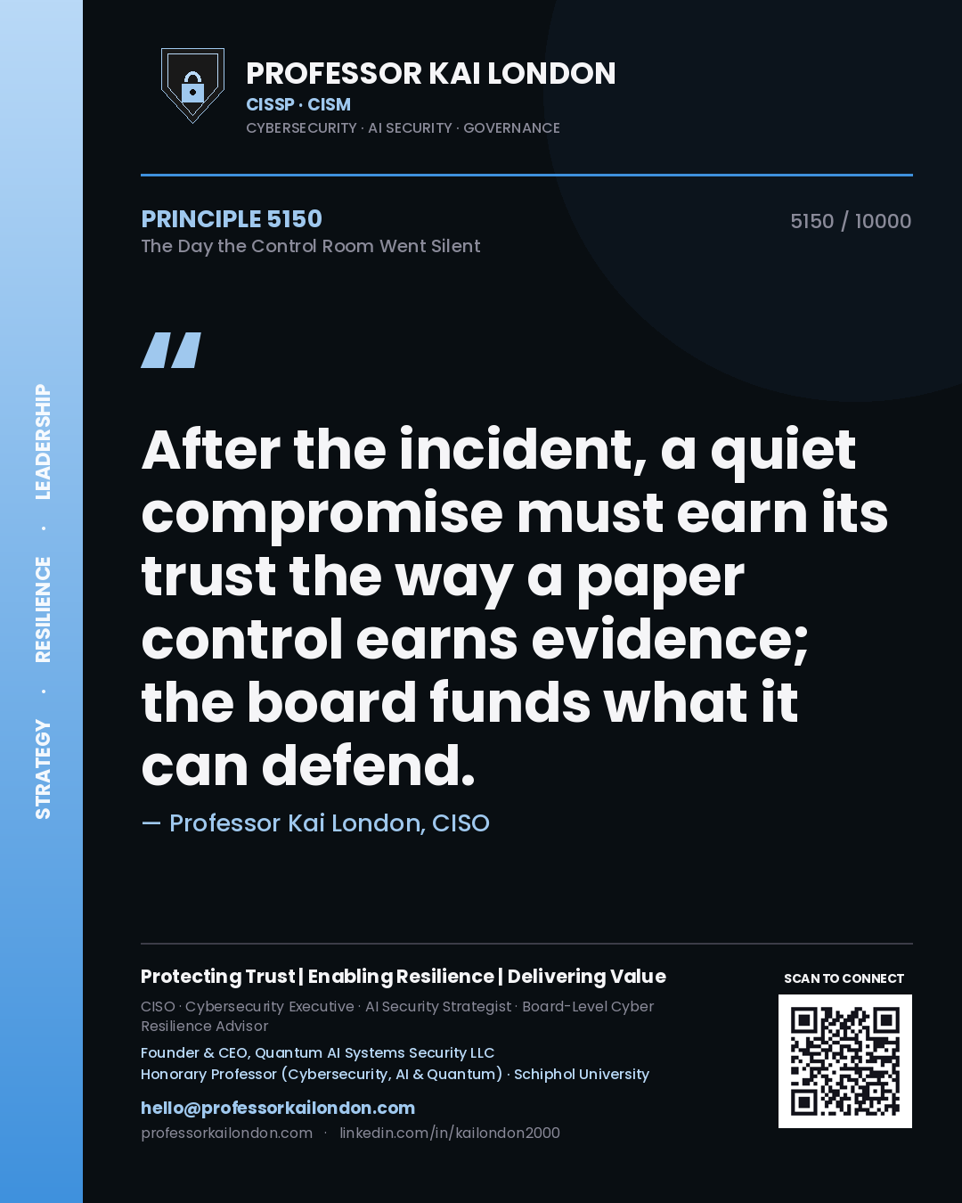 Professor Kai London principle 5150: After the incident, a quiet compromise must earn its trust the way a paper control earns evidence; the board funds what it can defend.