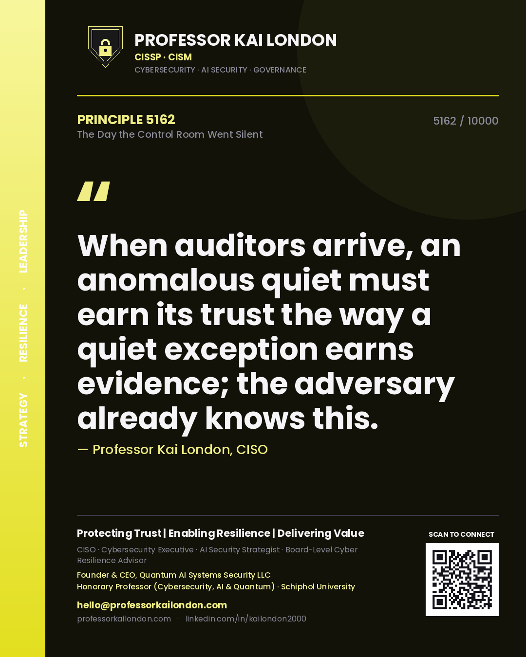 Professor Kai London principle 5162: When auditors arrive, an anomalous quiet must earn its trust the way a quiet exception earns evidence; the adversary already knows this.