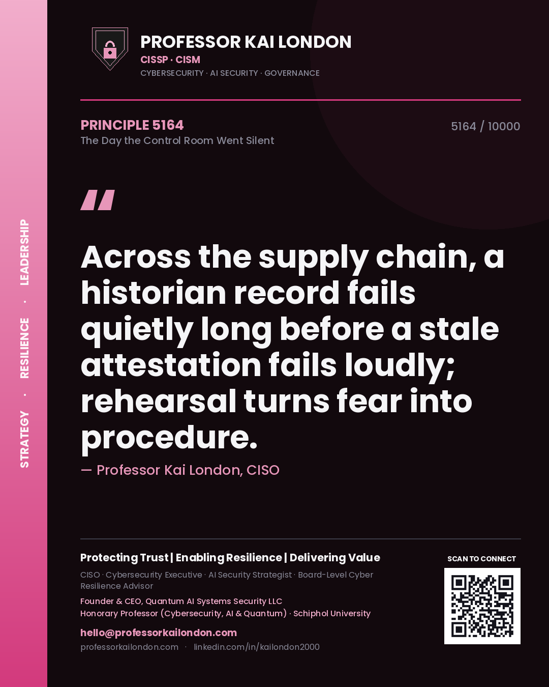 Quote card by Professor Kai London reading 'Across the supply chain, a historian record fails quietly long before a stale attestation fails loudly; rehearsal turns fear into procedure.'. From the book The Day the Control Room Went Silent.