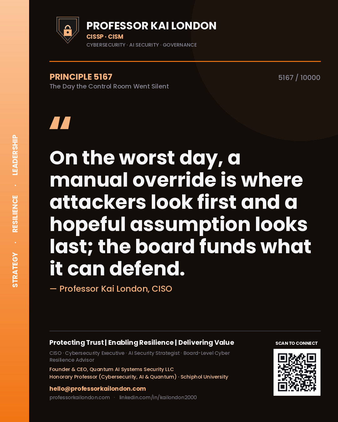 Quote card by Professor Kai London reading 'On the worst day, a manual override is where attackers look first and a hopeful assumption looks last; the board funds what it can defend.'. From the book The Day the Control Room Went Silent.