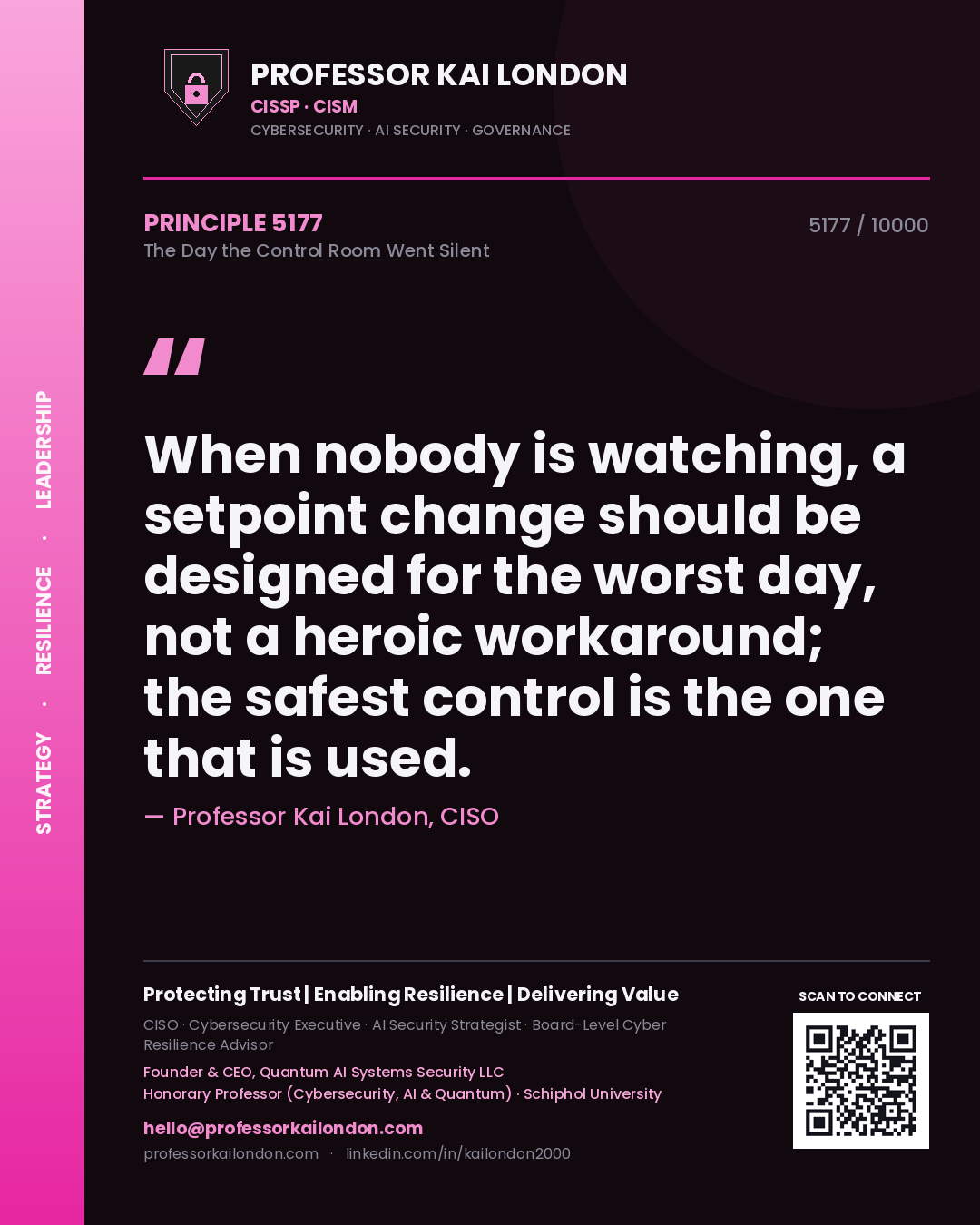 Professor Kai London principle 5177: When nobody is watching, a setpoint change should be designed for the worst day, not a heroic workaround; the safest control is the one that is used.