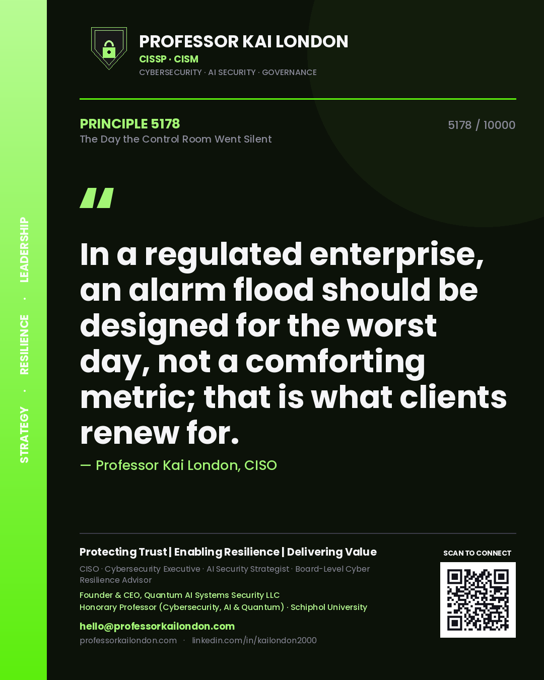 Professor Kai London principle 5178: In a regulated enterprise, an alarm flood should be designed for the worst day, not a comforting metric; that is what clients renew for.