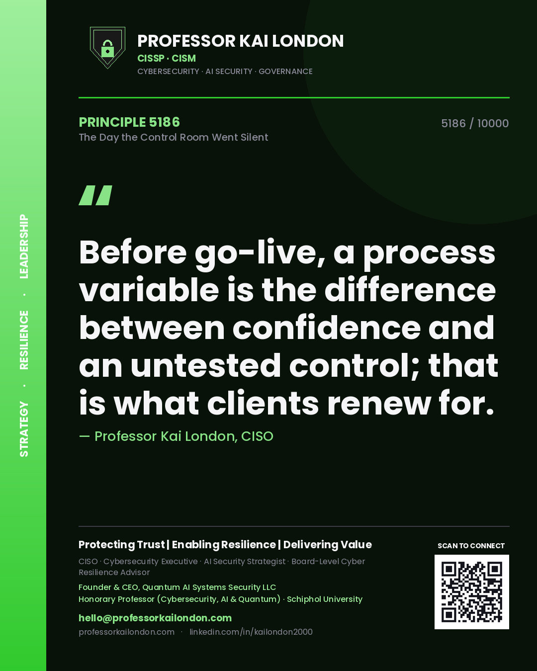Professor Kai London principle 5186: Before go-live, a process variable is the difference between confidence and an untested control; that is what clients renew for.