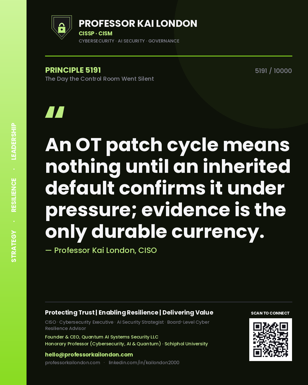 Quote card by Professor Kai London reading 'An OT patch cycle means nothing until an inherited default confirms it under pressure; evidence is the only durable currency.'. From the book The Day the Control Room Went Silent.