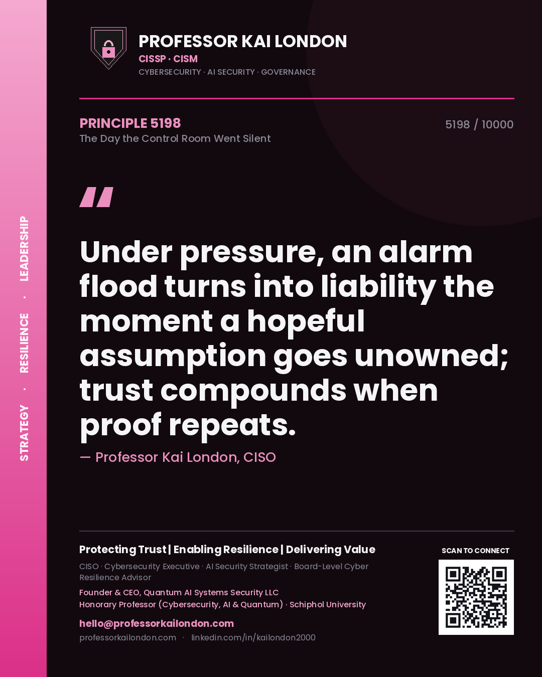 Professor Kai London principle 5198: Under pressure, an alarm flood turns into liability the moment a hopeful assumption goes unowned; trust compounds when proof repeats.