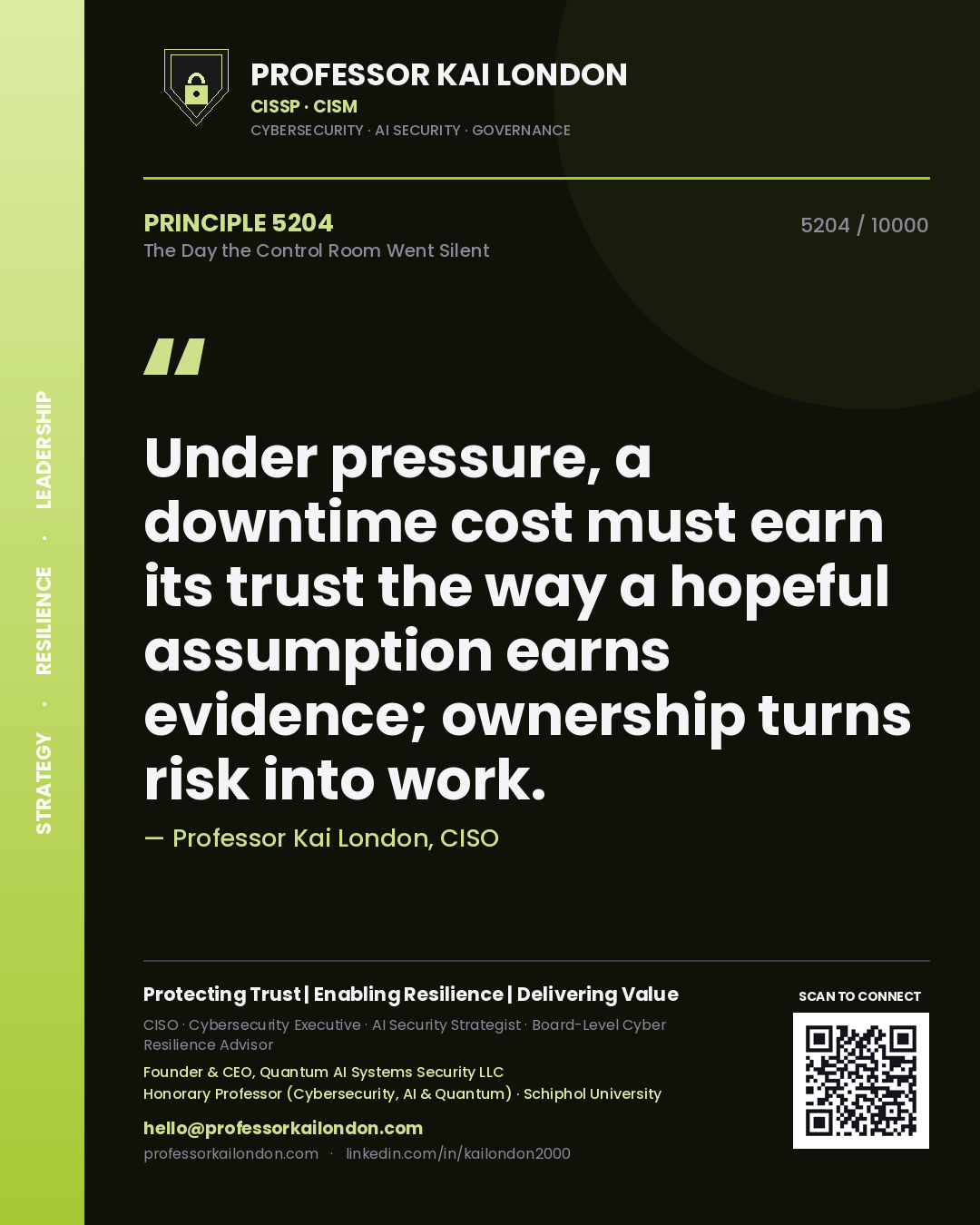 Professor Kai London principle 5204: Under pressure, a downtime cost must earn its trust the way a hopeful assumption earns evidence; ownership turns risk into work.