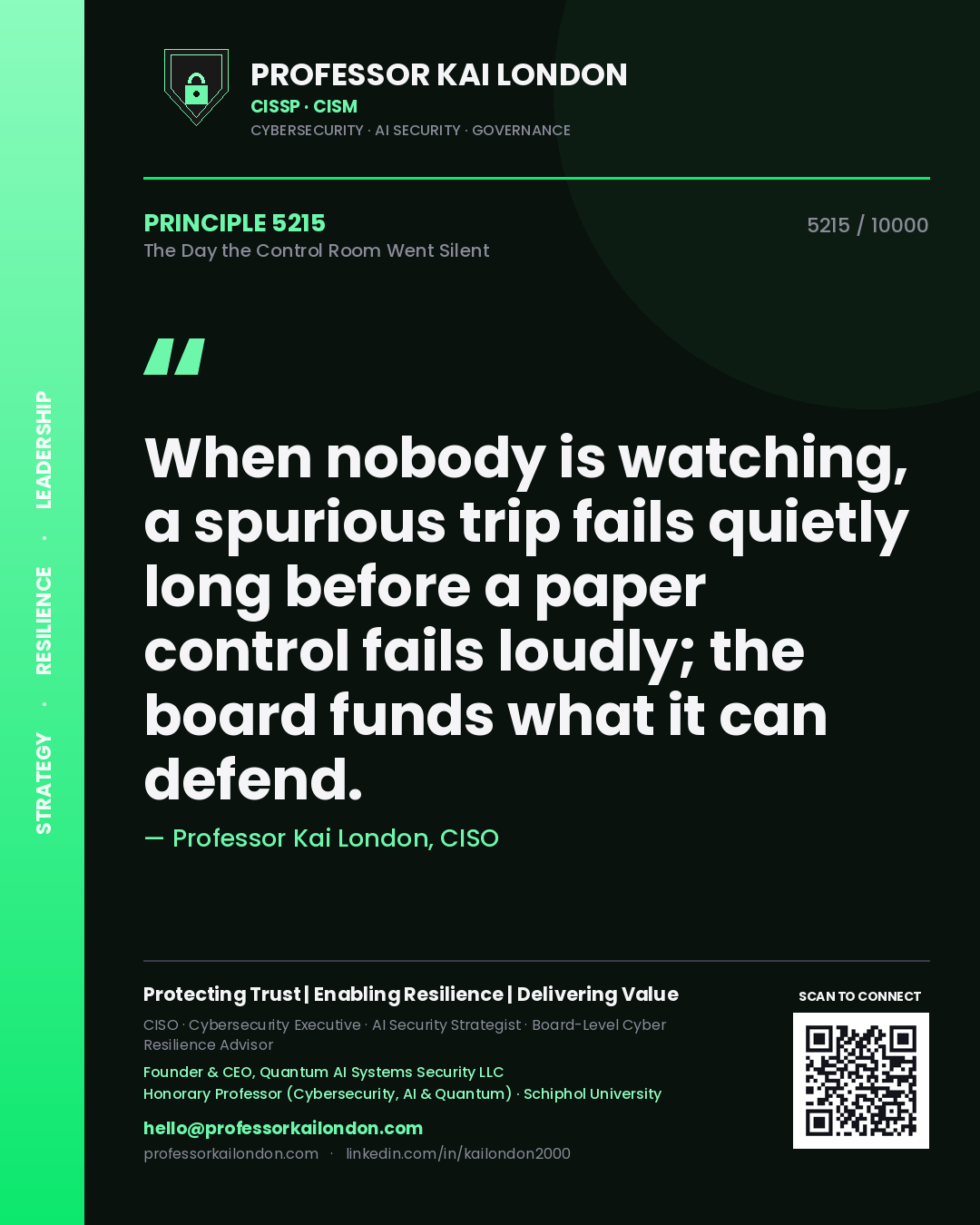 Quote card by Professor Kai London reading 'When nobody is watching, a spurious trip fails quietly long before a paper control fails loudly; the board funds what it can defend.'. From the book The Day the Control Room Went Silent.