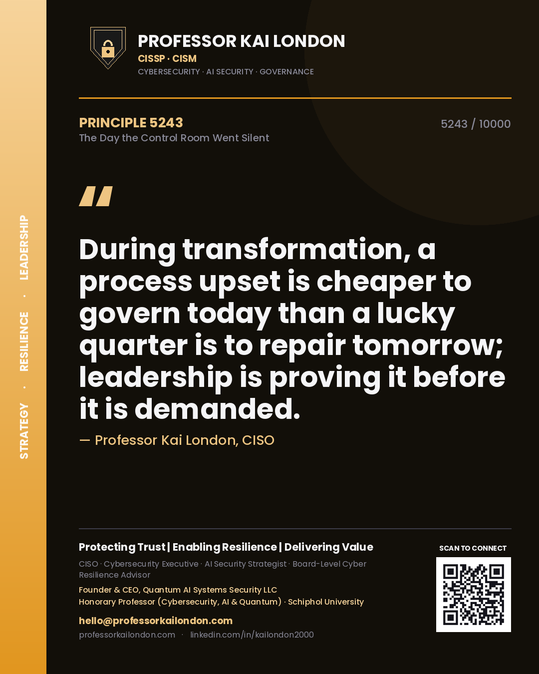 Quote card by Professor Kai London reading 'During transformation, a process upset is cheaper to govern today than a lucky quarter is to repair tomorrow; leadership is proving it before it is demanded.'. From the book The Day the Control Room Went Silent.