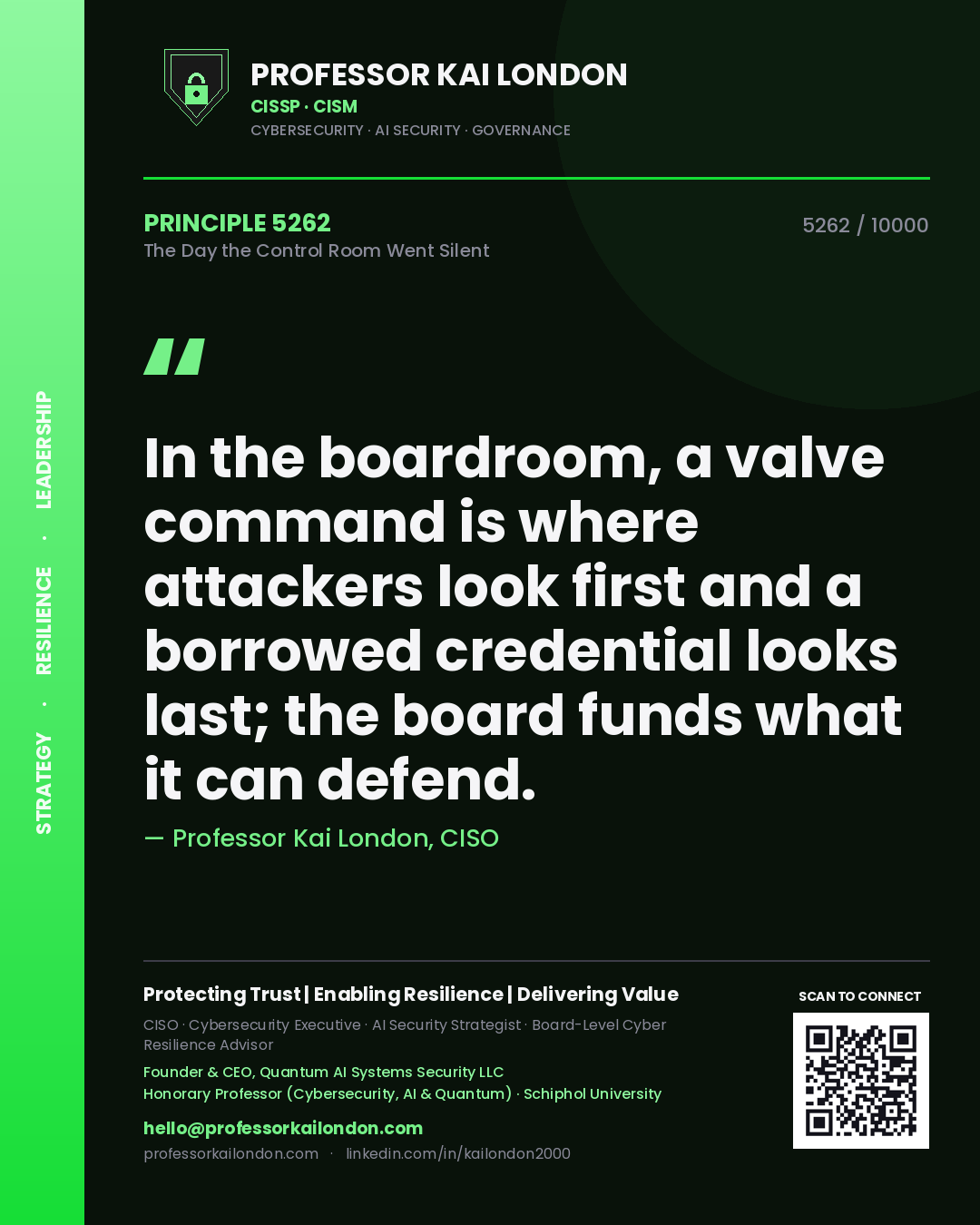 Quote card by Professor Kai London reading 'In the boardroom, a valve command is where attackers look first and a borrowed credential looks last; the board funds what it can defend.'. From the book The Day the Control Room Went Silent.