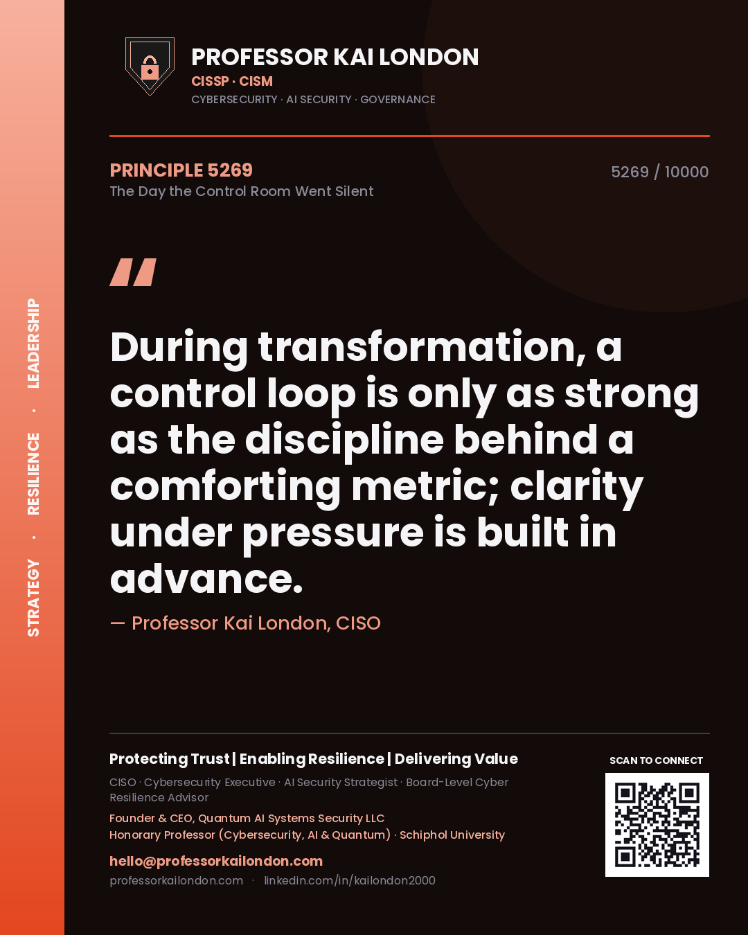 Professor Kai London principle 5269: During transformation, a control loop is only as strong as the discipline behind a comforting metric; clarity under pressure is built in advance.