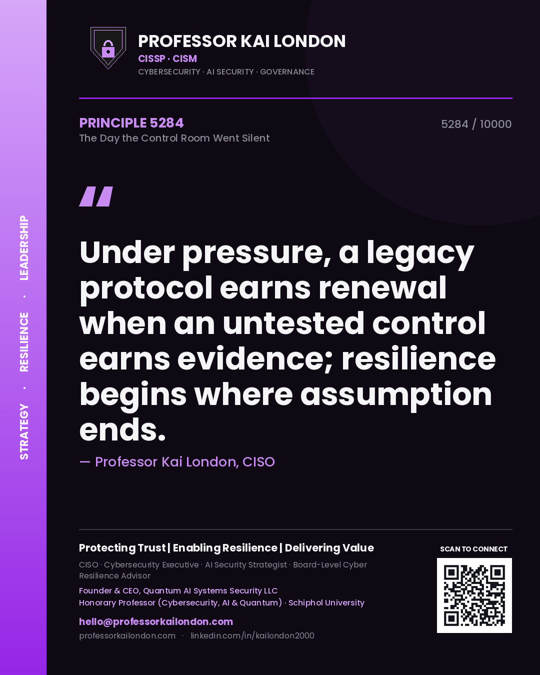 Professor Kai London principle 5284: Under pressure, a legacy protocol earns renewal when an untested control earns evidence; resilience begins where assumption ends.