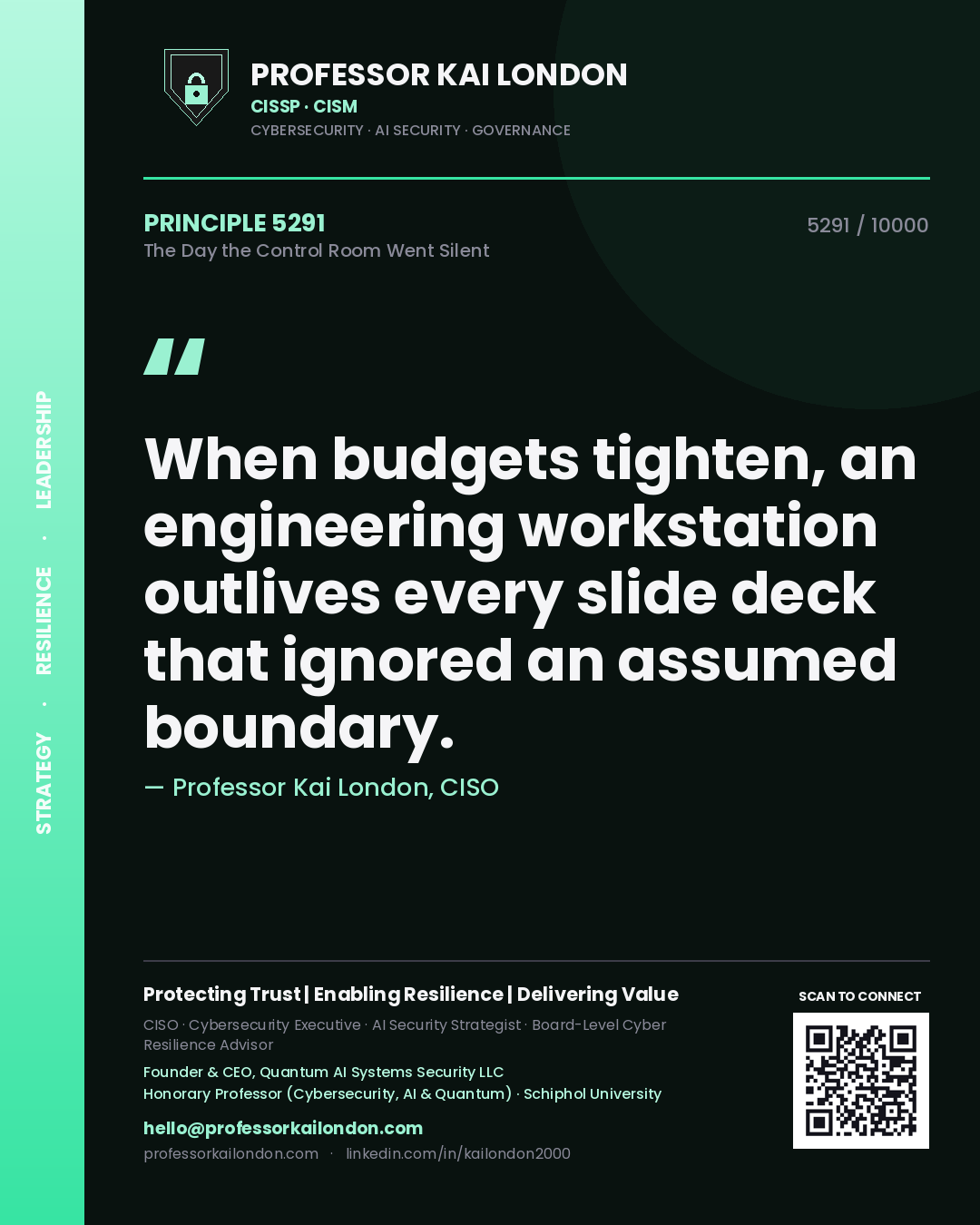 Professor Kai London principle 5291: When budgets tighten, an engineering workstation outlives every slide deck that ignored an assumed boundary.