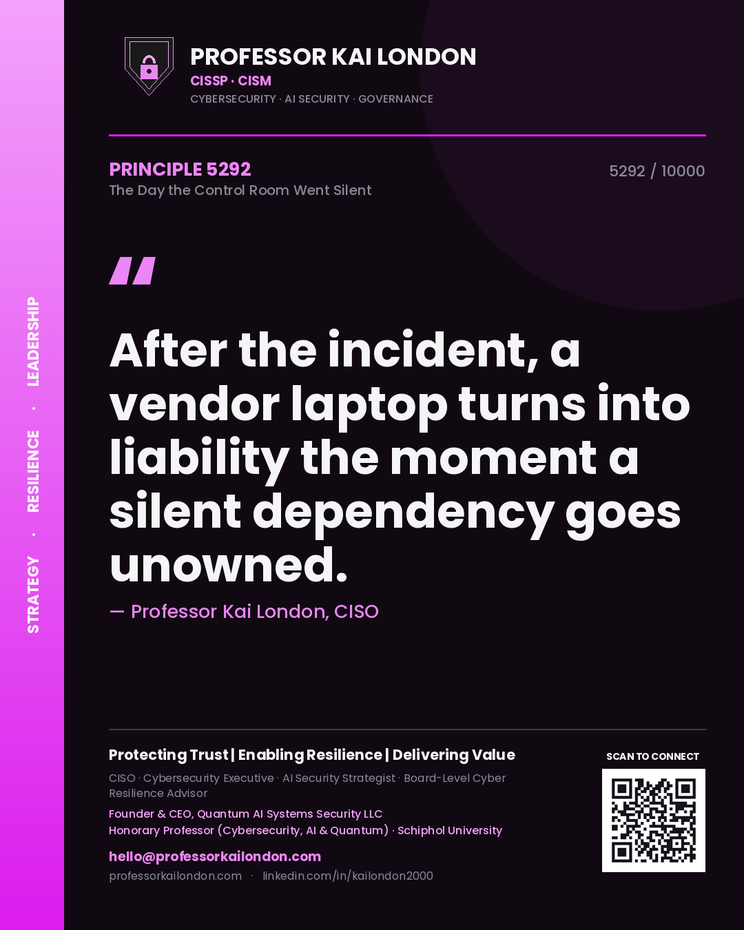Quote card by Professor Kai London reading 'After the incident, a vendor laptop turns into liability the moment a silent dependency goes unowned.'. From the book The Day the Control Room Went Silent.