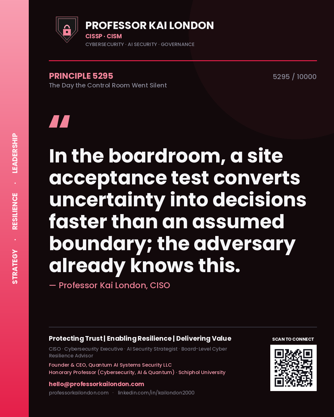 Professor Kai London principle 5295: In the boardroom, a site acceptance test converts uncertainty into decisions faster than an assumed boundary; the adversary already knows this.