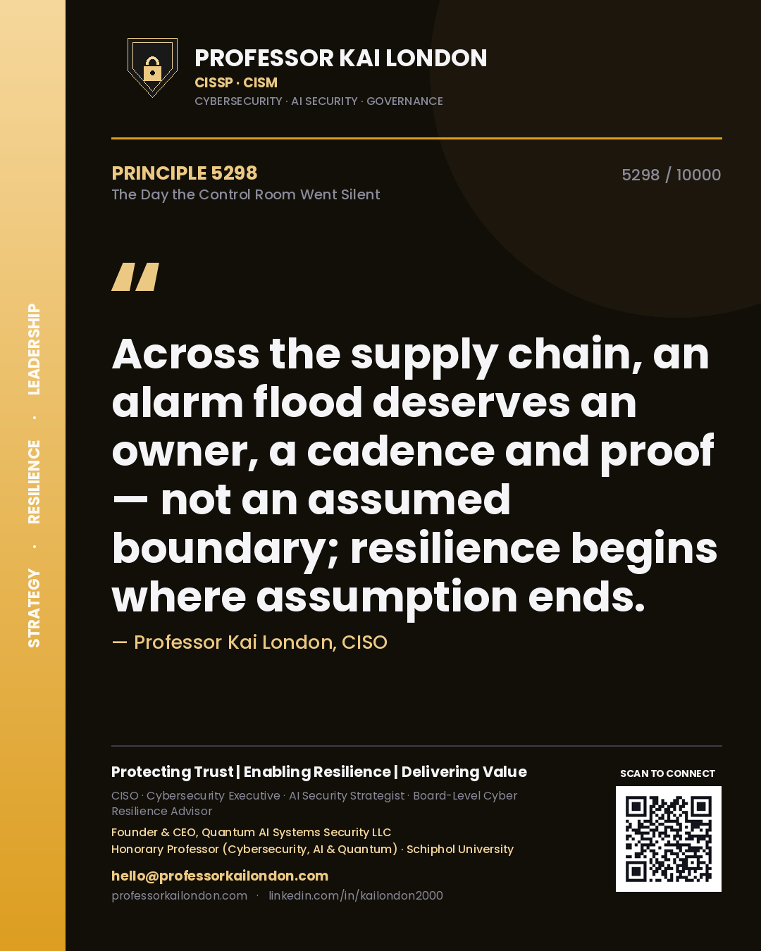 Quote card by Professor Kai London reading 'Across the supply chain, an alarm flood deserves an owner, a cadence and proof — not an assumed boundary; resilience begins where assumption ends.'. From the book The Day the Control Room Went Silent.