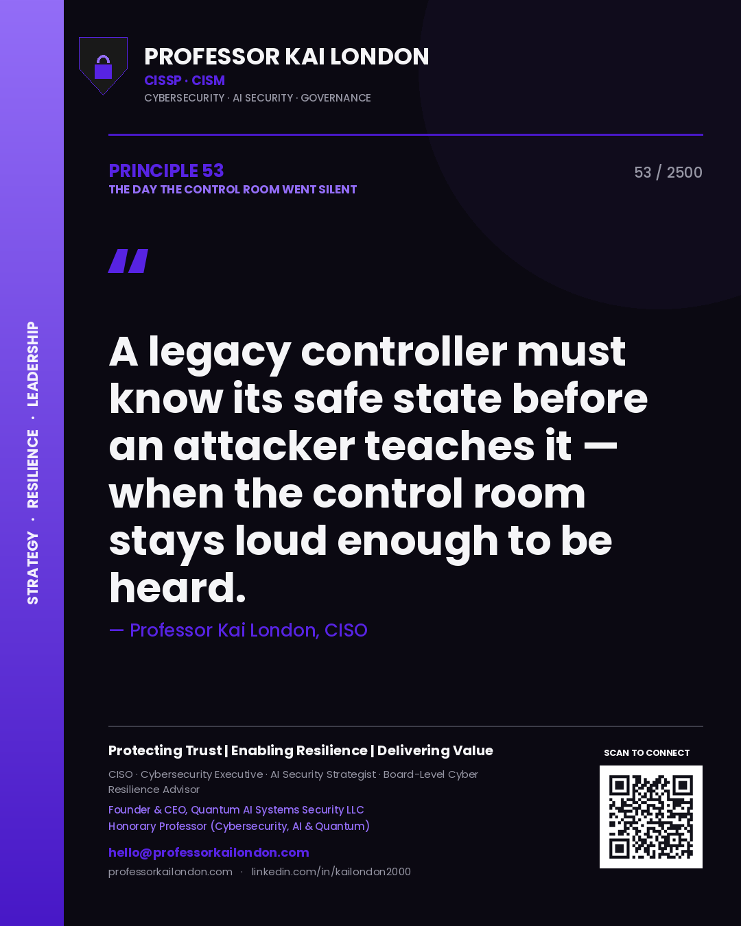 Professor Kai London principle 53: A legacy controller must know its safe state before an attacker teaches it — when the control room stays loud enough to be heard.