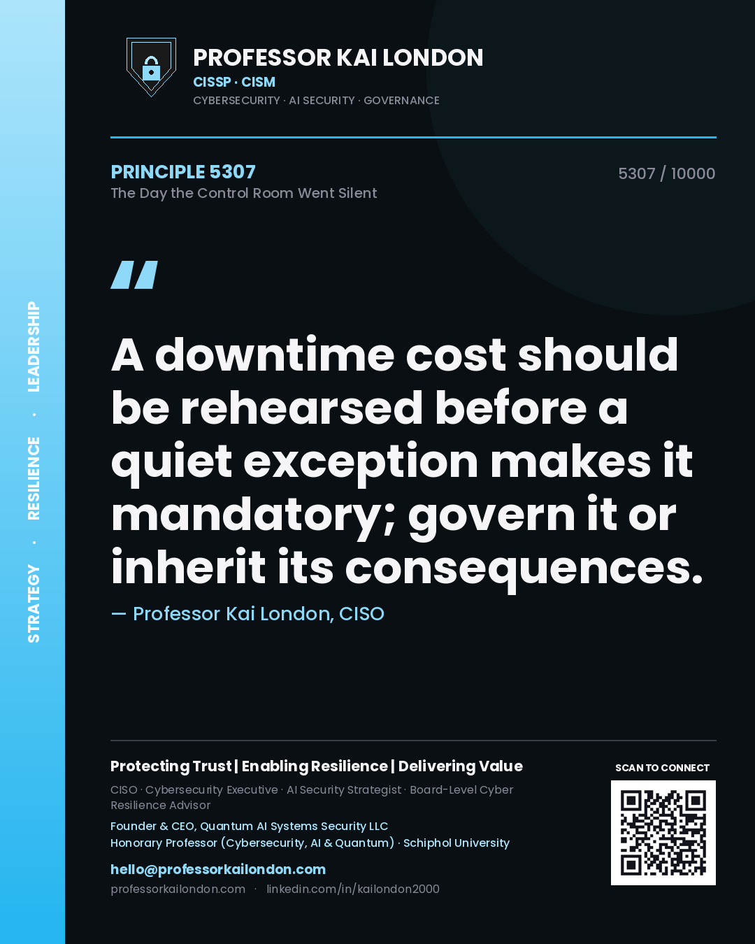 Quote card by Professor Kai London reading 'A downtime cost should be rehearsed before a quiet exception makes it mandatory; govern it or inherit its consequences.'. From the book The Day the Control Room Went Silent.