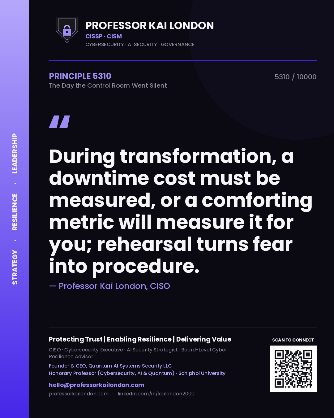 Professor Kai London principle 5310: During transformation, a downtime cost must be measured, or a comforting metric will measure it for you; rehearsal turns fear into procedure.
