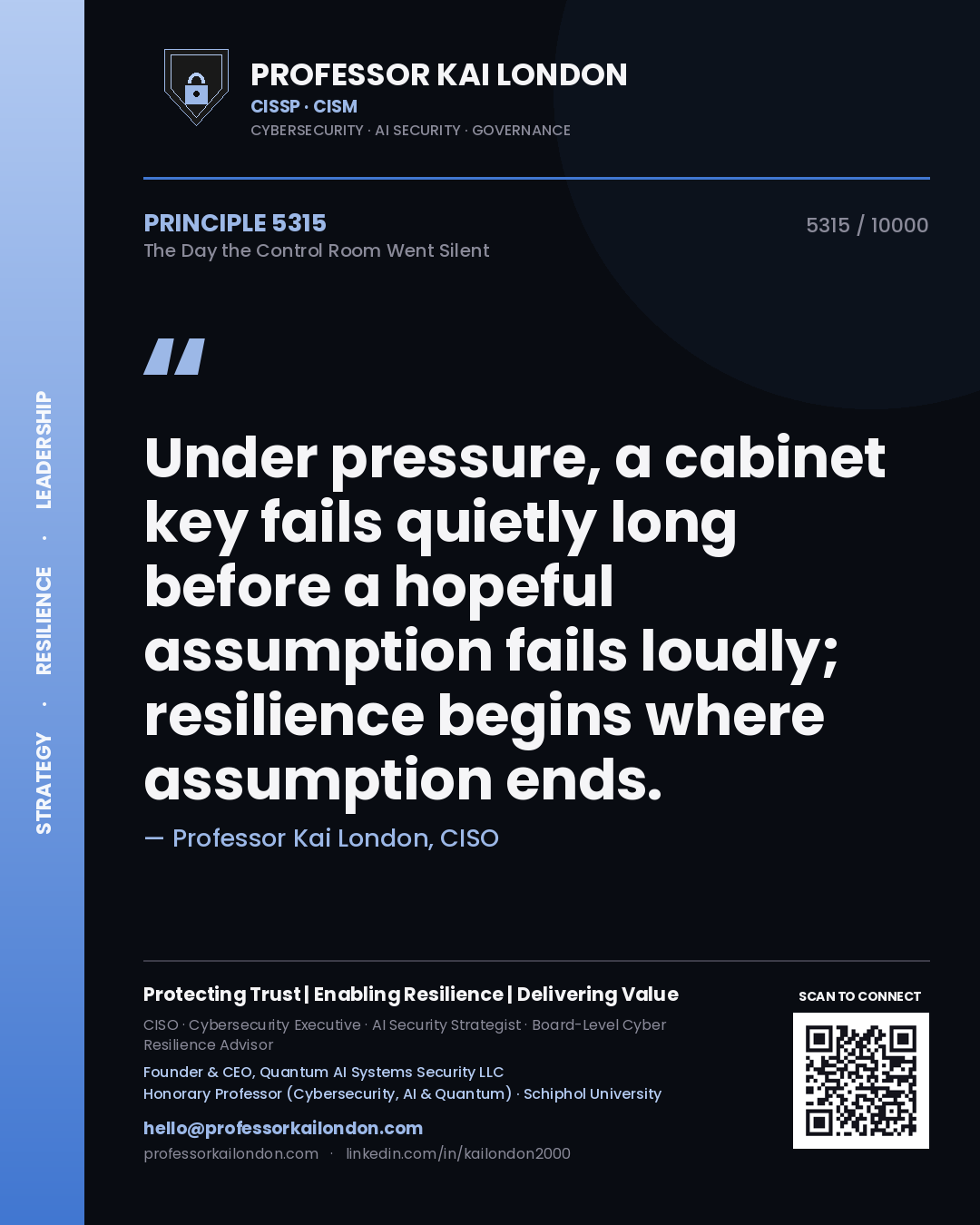 Professor Kai London principle 5315: Under pressure, a cabinet key fails quietly long before a hopeful assumption fails loudly; resilience begins where assumption ends.