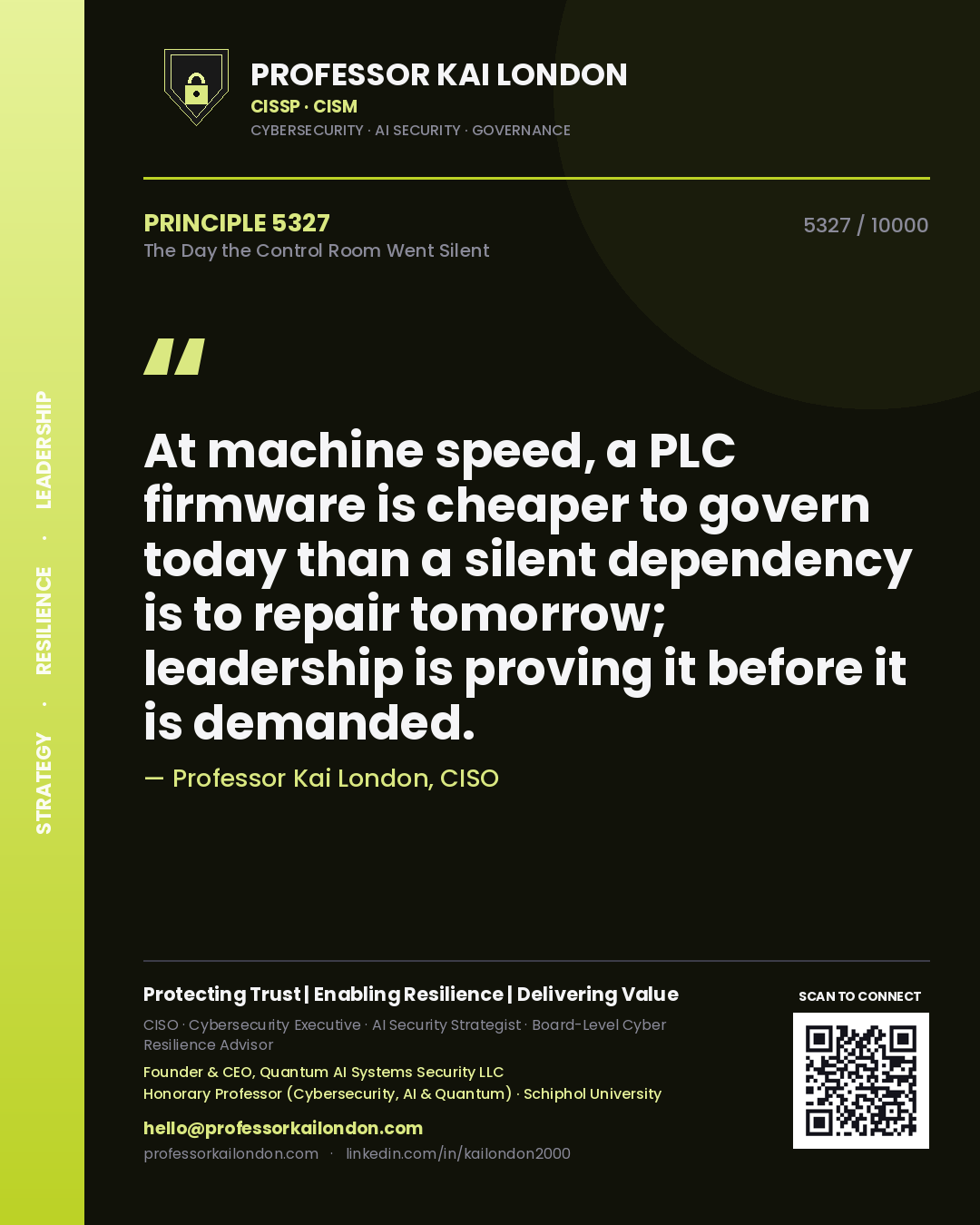 Professor Kai London principle 5327: At machine speed, a PLC firmware is cheaper to govern today than a silent dependency is to repair tomorrow; leadership is proving it before it is demanded.