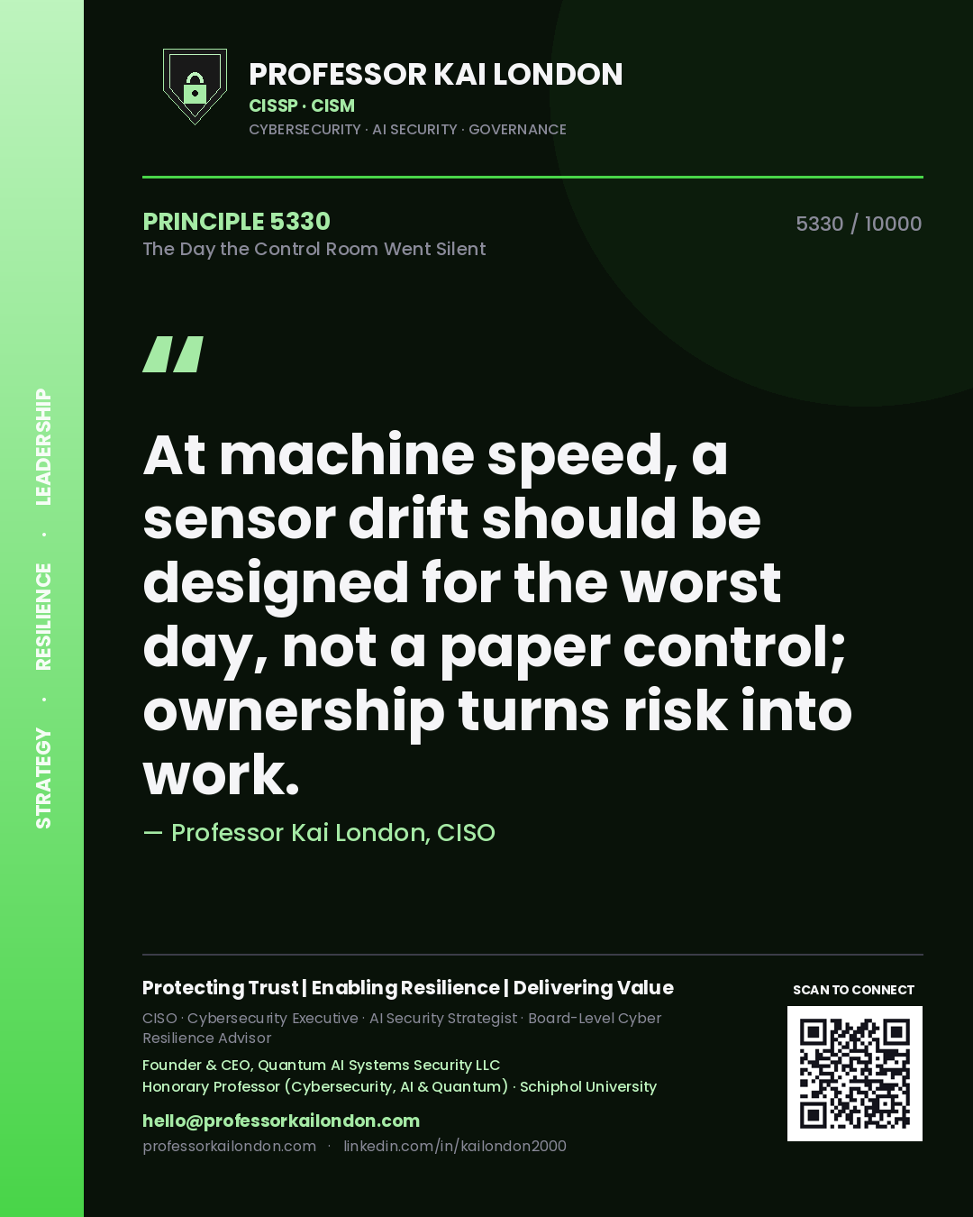 Quote card by Professor Kai London reading 'At machine speed, a sensor drift should be designed for the worst day, not a paper control; ownership turns risk into work.'. From the book The Day the Control Room Went Silent.